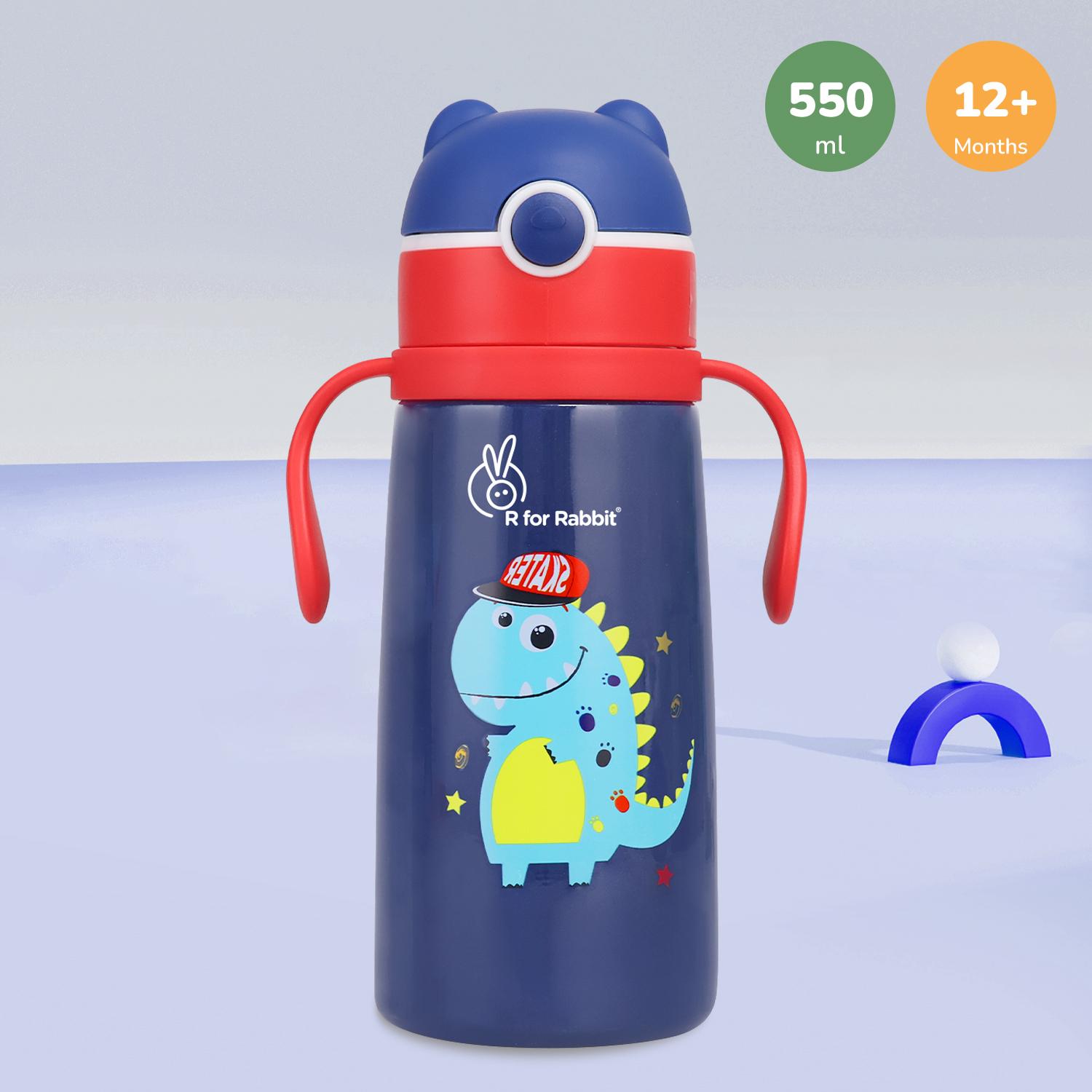 R for Rabbit Steebo Safari Premium Stainless Steel Water Sipper for Kids, Spill Proof BPA Free Soft Silicone Straw Drinking Sipper for Kids (500ml, Blue Dino)