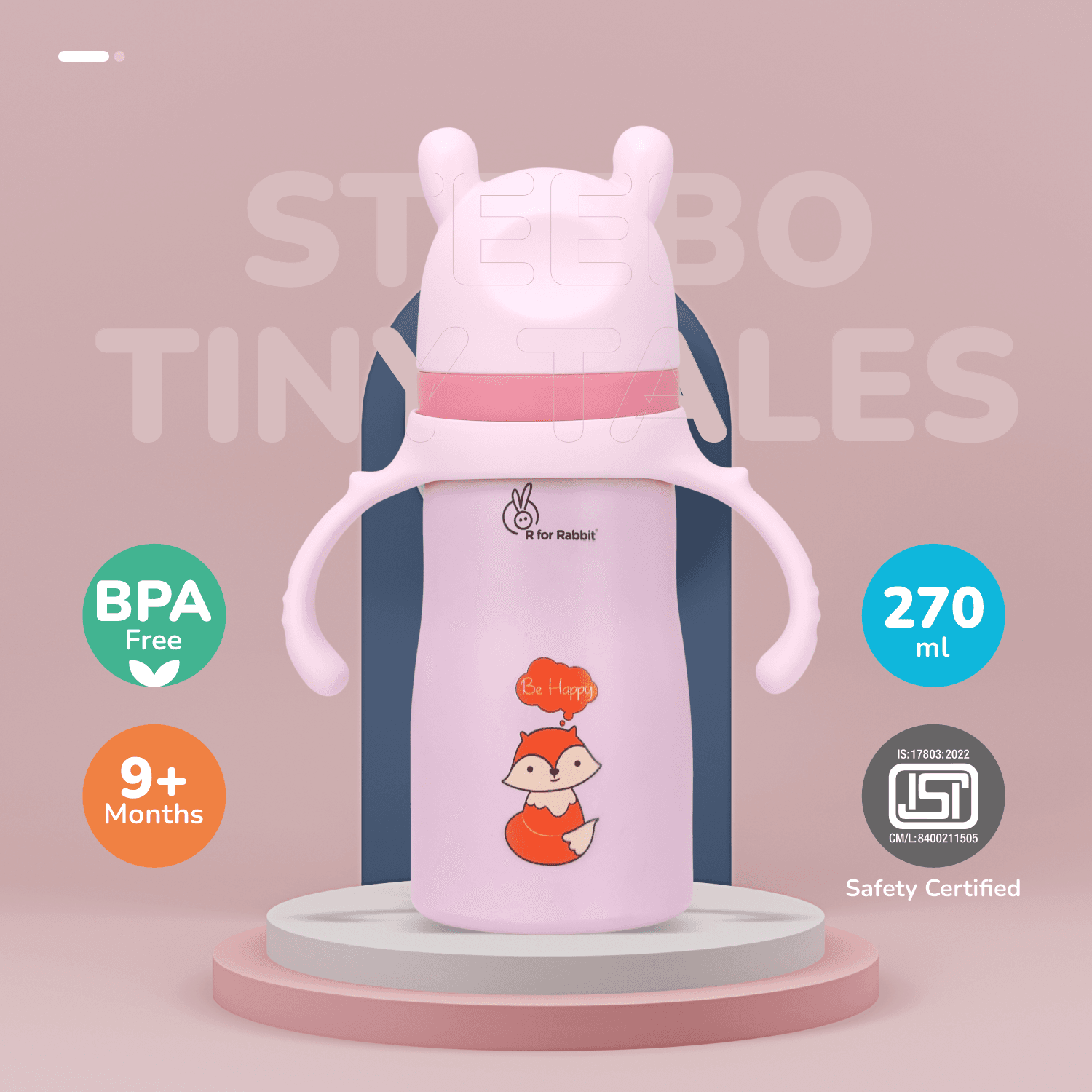 R for Rabbit Steebo Tiny Tales Premium Stainless Steel Straw Sipper for Kids, Leak & Spill Proof BPA Free Soft Silicone Straw Drinking Sipper Bottle for Kidss Boy & Girl of 12+ Months (270ml, Pink)