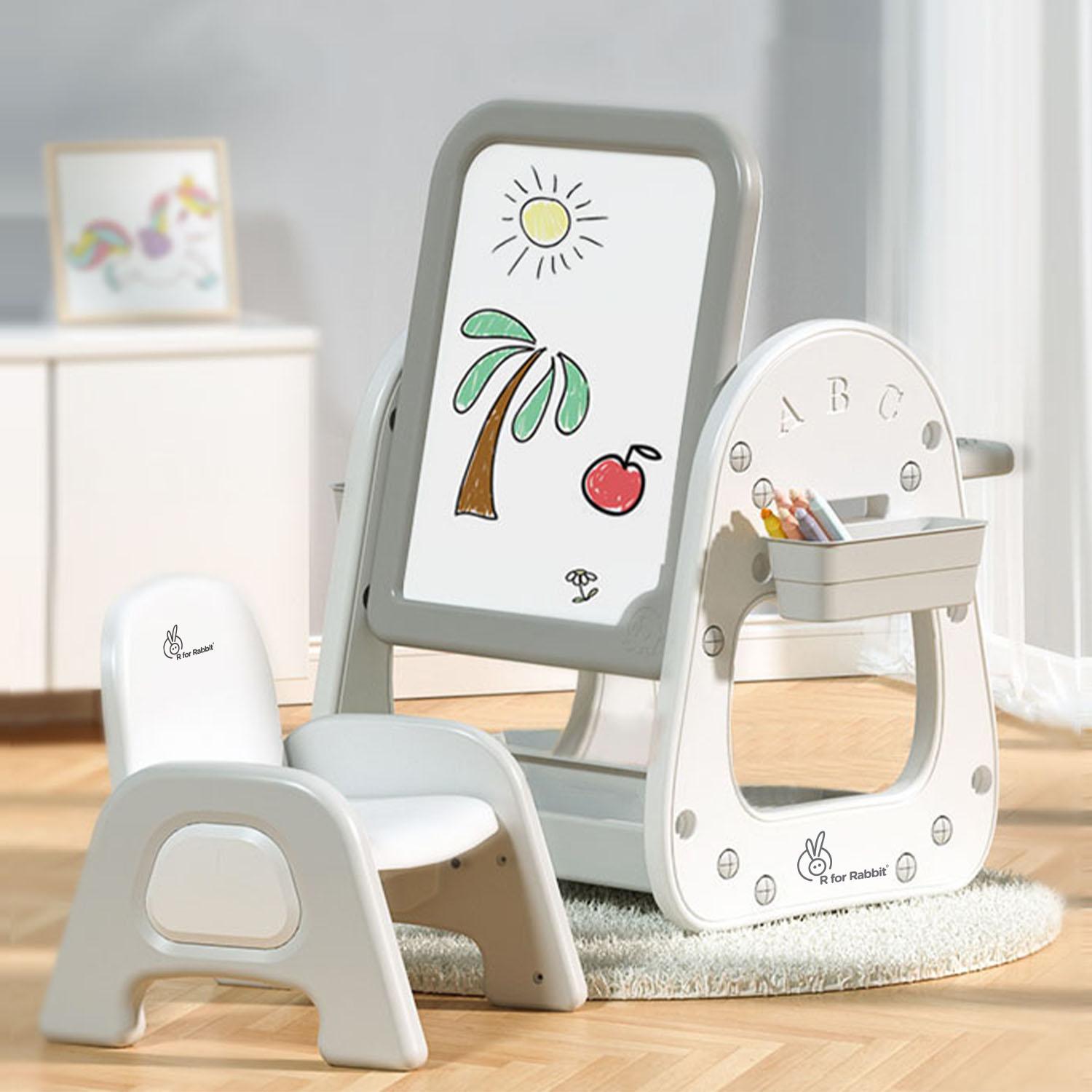 R for Rabbit Little Genius Picasso Kids Study Table Set with Chair, 3 in 1 Multipurpose Activity Table Set for 3-7 Years Kids, Upto 40kgs Weight Capacity (White Grey)