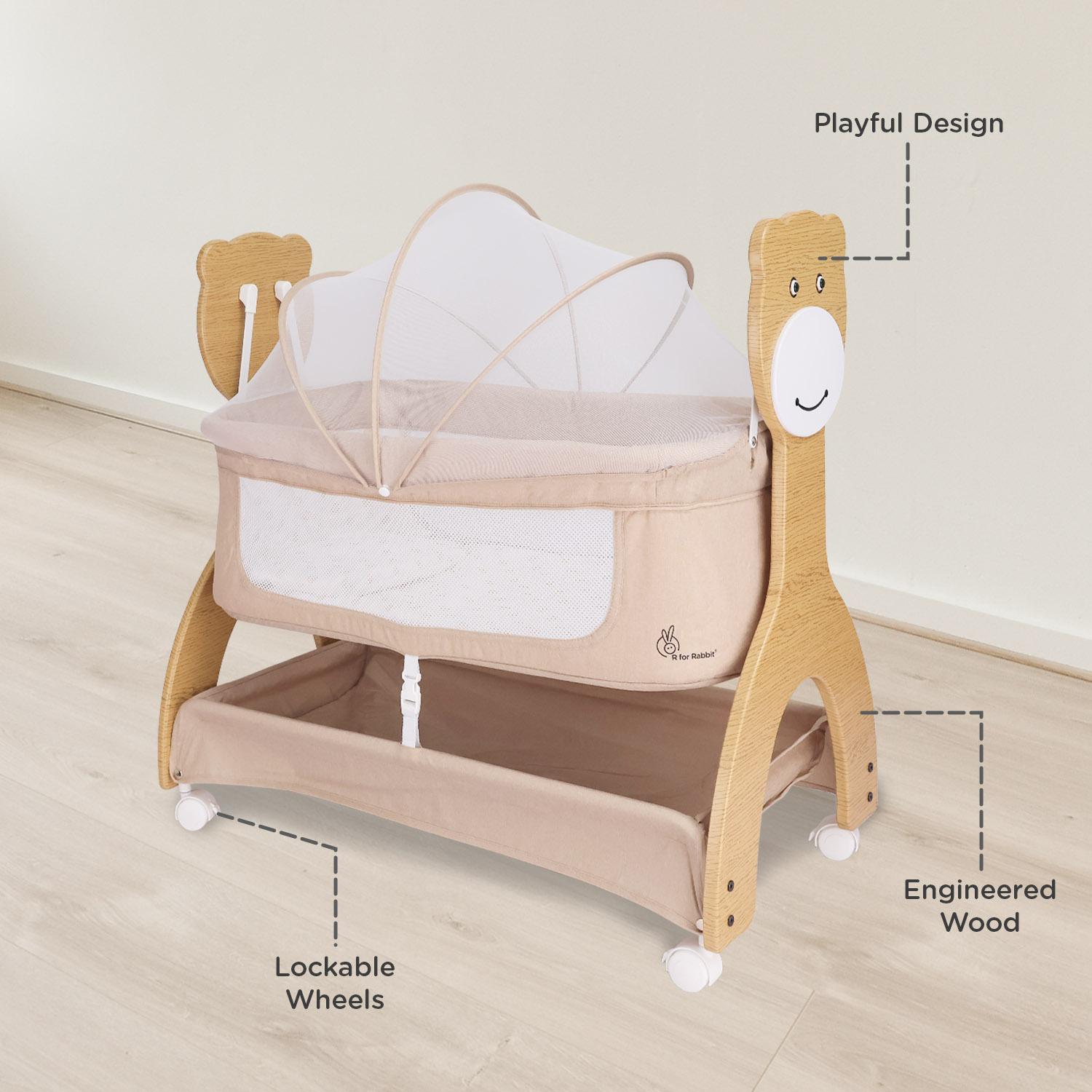 R for Rabbit Lullabies Woodsy 2 in 1 Manual Swing Wooden Cradle Newborn Baby Convertible Cot Bassinet with Mosquito Net, Lockable Wheels & Storage Space for Kids 0-12 Months, Upto 12 Kg (Beige)