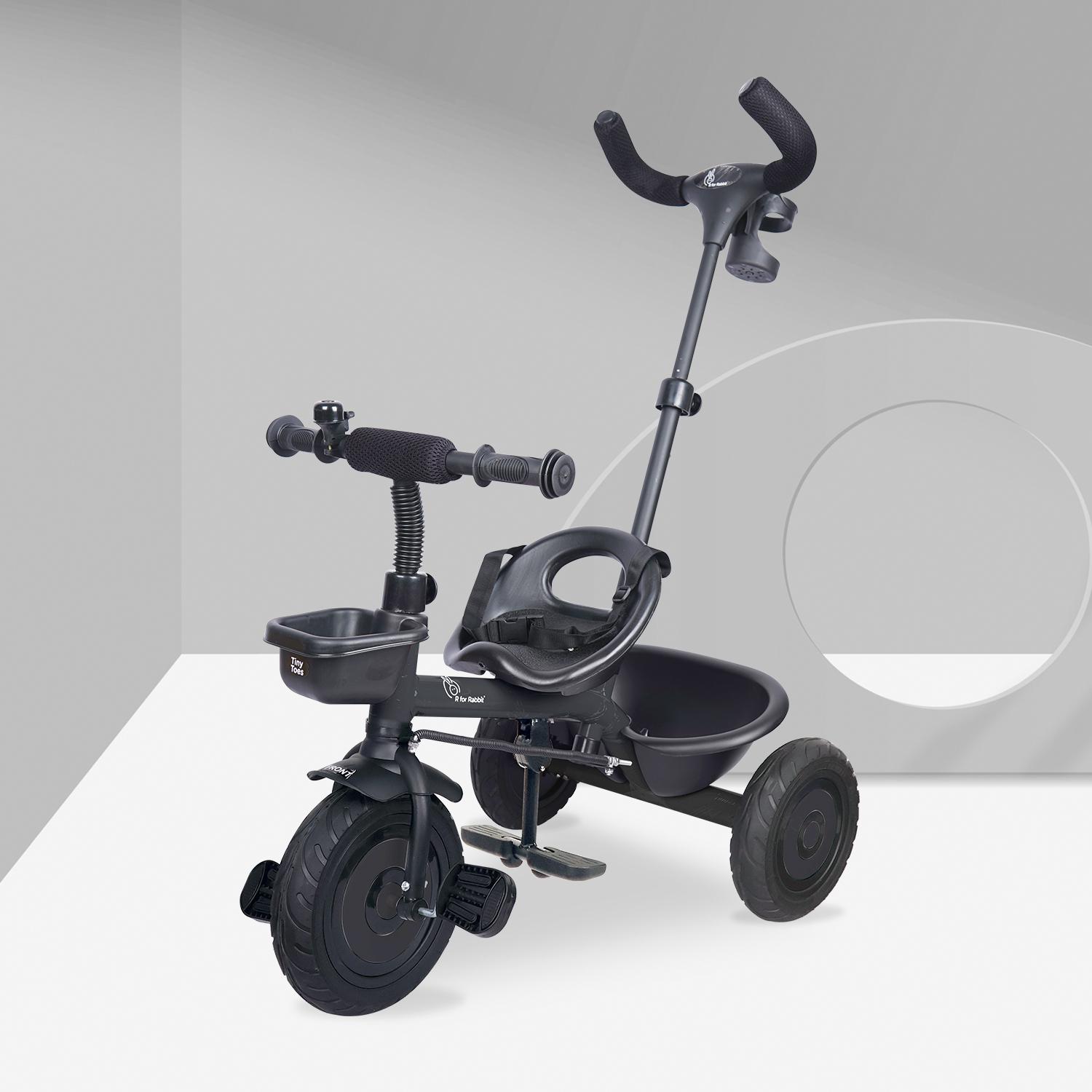 R for Rabbit Tiny Toes T20 Plus Tricycle for Kids with Rubber Wheels, Adjustable Parental Control, Seat Belt & Storage Basket | Baby Trike Cycle for 1.5 to 5 Year, Upto 25 Kg Boy & Girl (Black)