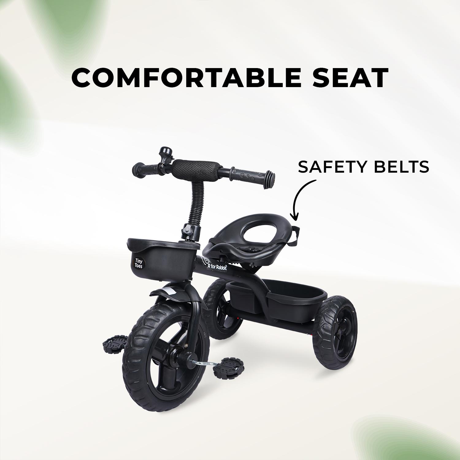 R for Rabbit Tiny Toes T10 Ace Tricycles for Kids of 1.5 to 5 Years Age EVA Wheels, Storage Basket & Seat Belt | Baby Trike Cycle for Upto 25 Kg Weight Boys & Girls (Black)