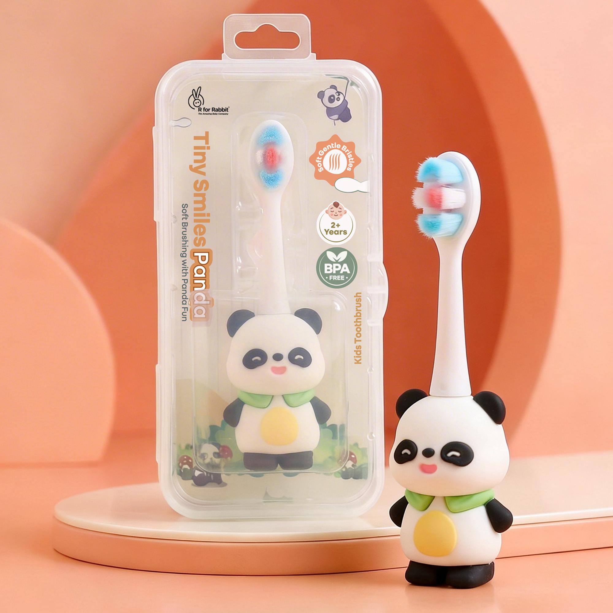 R for Rabbit Tiny Smiles Panda Kids Toothbrush with Travel Case for Toddlers & Babies 2+ Years | Ultra Soft PBT Bristles, Gentle on Gums | Cute 3D Self-Standing Easy Grip Handle | BPA Free (Black)