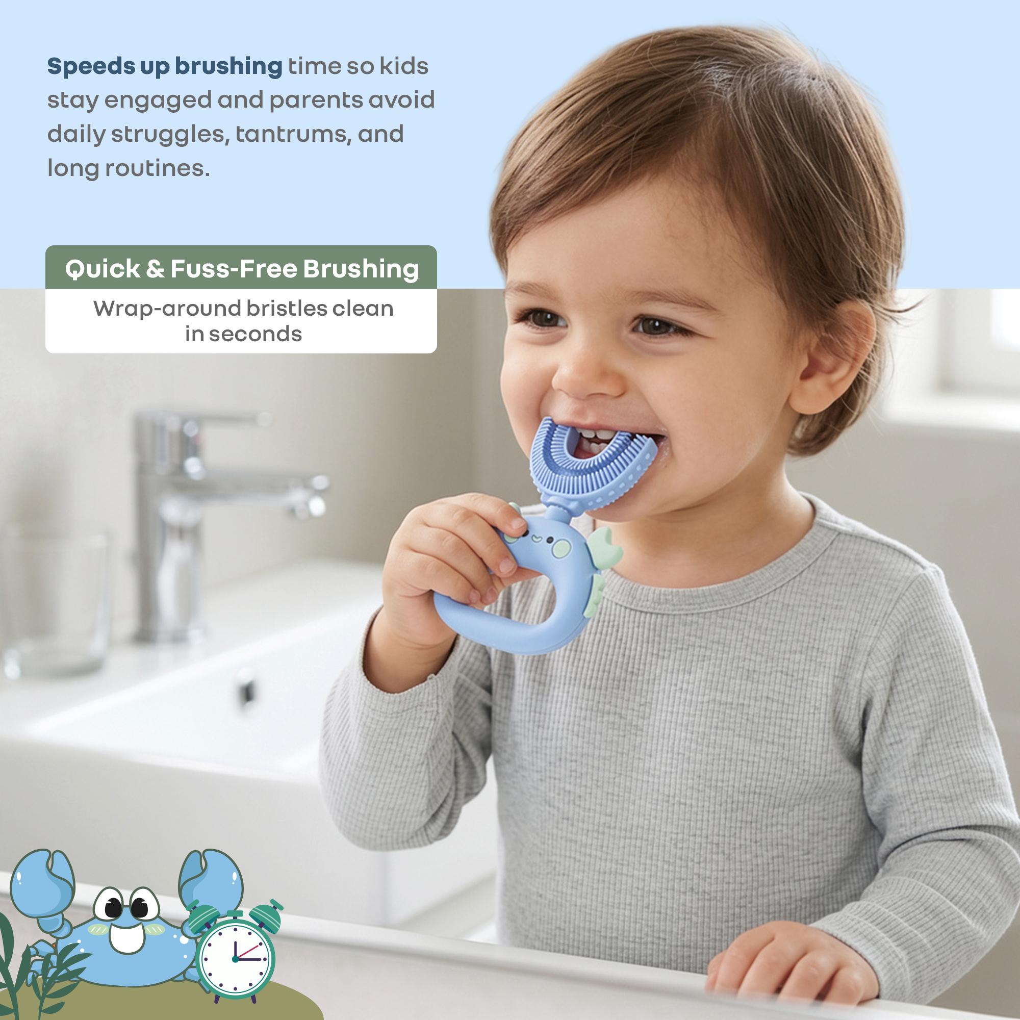 R for Rabbit Tiny Smiles U-Shaped Kids Toothbrush, 360° Oral Cleaning Manual Brush | Ultra Soft Bristles for Toddlers & Children Age 2-5 Years, BPA-Free Food Grade Silicone | Easy Grip Handle (Blue)