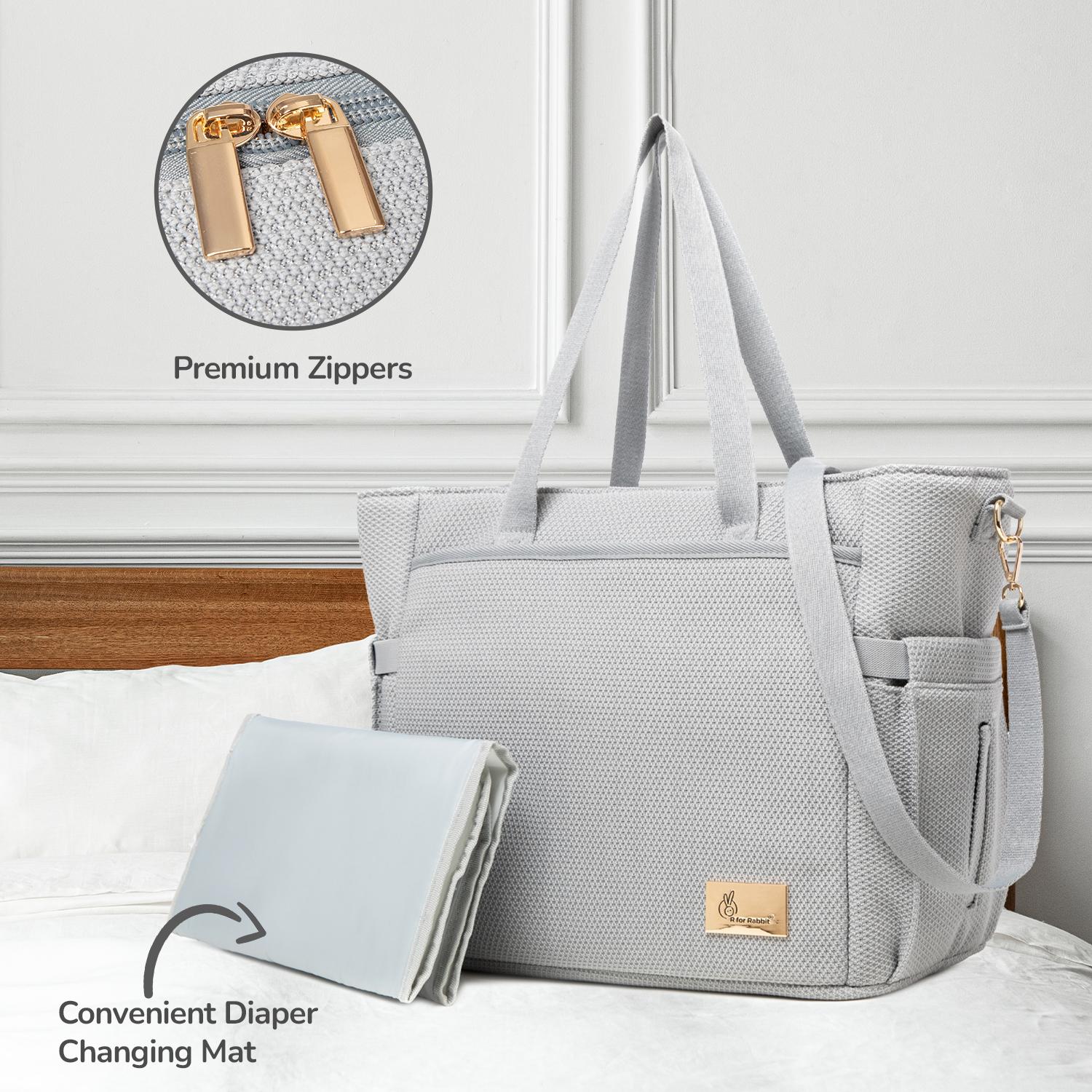 R for Rabbit Caramello Tote Baby Diaper Bag with Changing Mat for Mother, Waterproof, Large Capacity Multifunctional Maternity Nursing Travel Hand Bag with Sling for Moms (Grey)