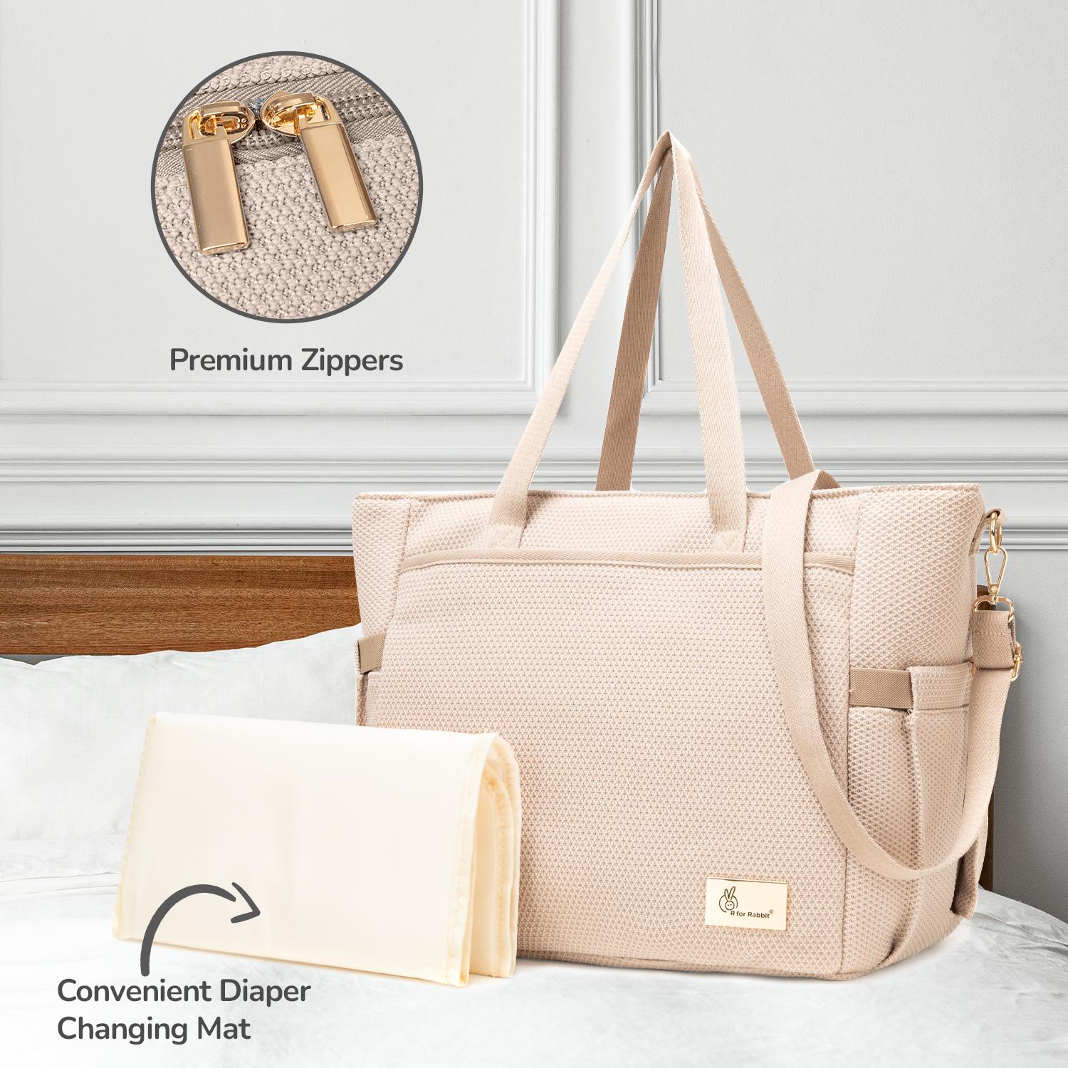 R for Rabbit Caramello Tote Baby Diaper Bag with Changing Mat for Mother, Waterproof, Large Capacity Multifunctional Maternity Nursing Travel Hand Bag with Sling for Moms (Beige)
