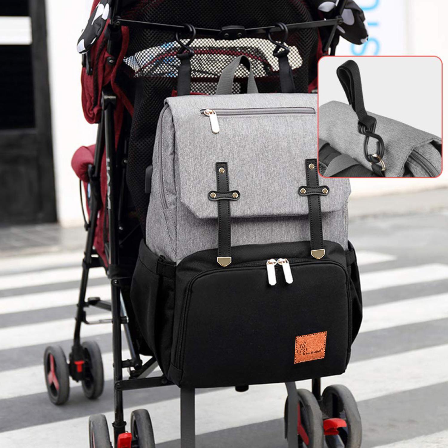 R for Rabbit Caramello Smart Diaper Bag for Newborn Baby | Multi-Functional Maternity Backpack with Built-In USB Charging Port, Insulated Pockets, Large Storage Space & Trolley Strap (Black Grey)