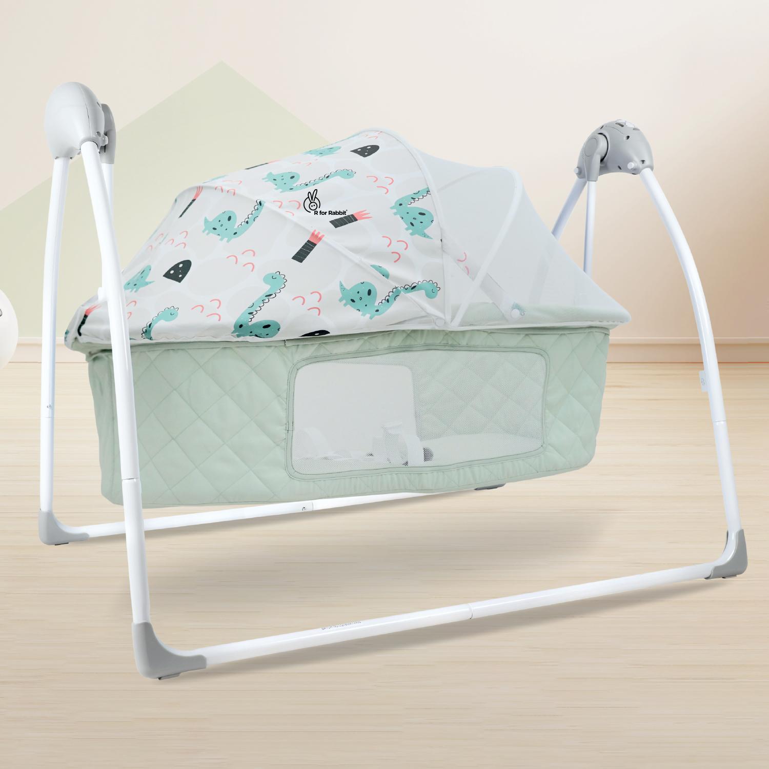 R for Rabbit Lullabies Plus Electric Baby Cradle Automatic Swing with Remote Control, Bluetooth, Soothing Music, Smart Timer & Mosquito Net for New Born Kids Age 0-2 Year Weight Upto 12 KG (Sea Green)