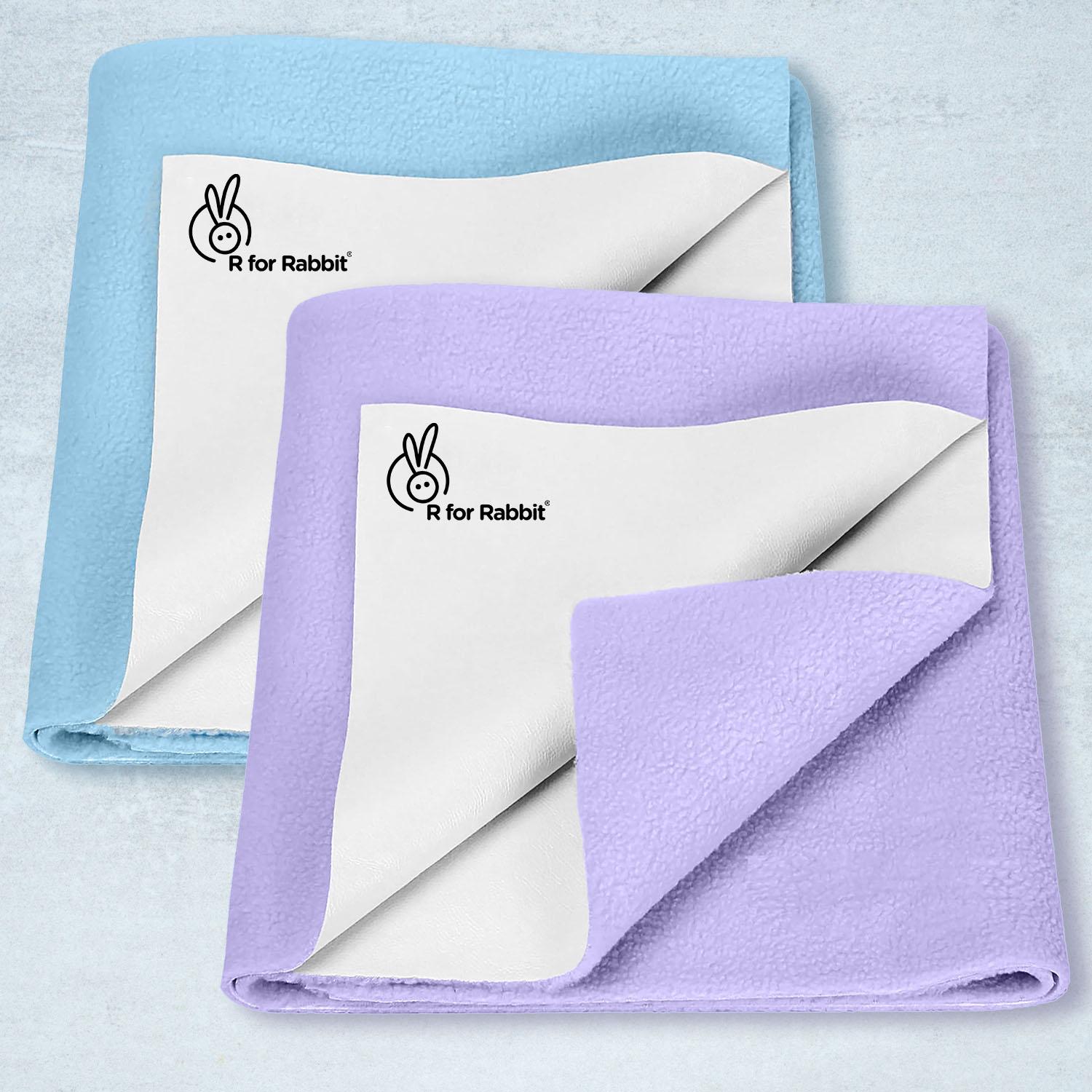 R for Rabbit Waterproof Quick Dry Sheet Bliss for Baby | Anti-Piling Fleece Breatheable Fabric Extra Absorbent Instant Dry Baby Bed/Cot Protector Mat (Size-L,Blue-Purple,Pack of 2)