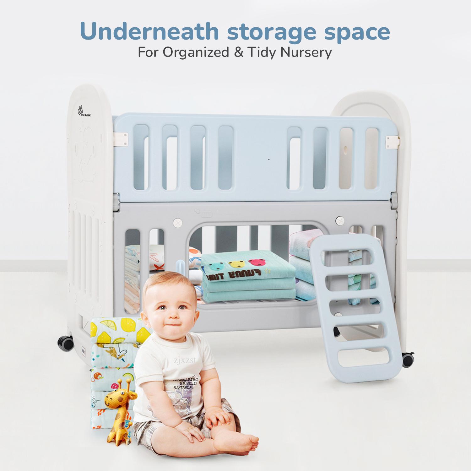R for Rabbit Dream N Play Plus 3-in-1 Rocking Baby Cot, Bedside Bassinet & Crib for Kids, Storage Space 360° Wheels with Brakes HDPE Material for 0 to 3 Years Weight Capacity Up to 20kg (Grey Blue)