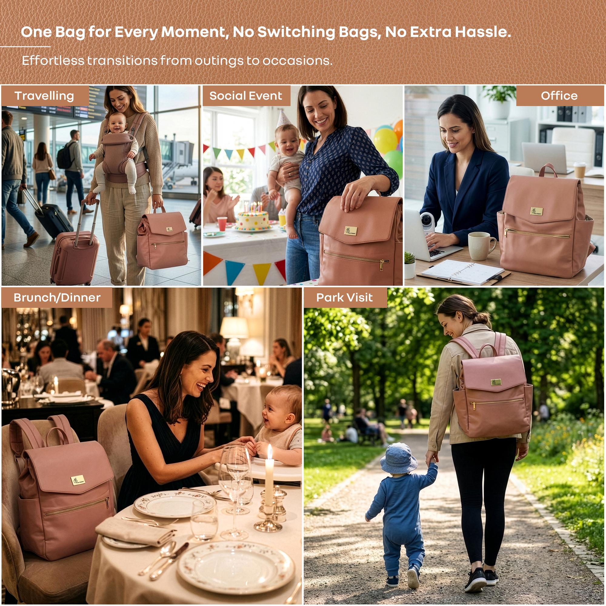 R for Rabbit Caramello Bold Arise Diaper Bag for Mothers, Premium Vegan Leather with Insulated Bottle Pockets, Multi-Compartment Maternity Backpack, Fits 14” Laptop, 22 Litre Capacity (Sand Brown)