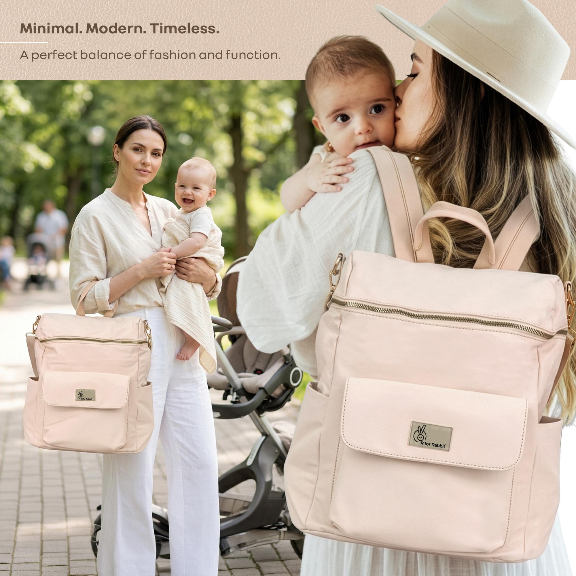 R for Rabbit Caramello Bold Ivy Diaper Bag for Moms, Premium Vegan Leather with Insulated Bottle Pockets, 7 Compartments, Maternity Travel Backpack, 24 Litre Capacity (Ivory Beige)