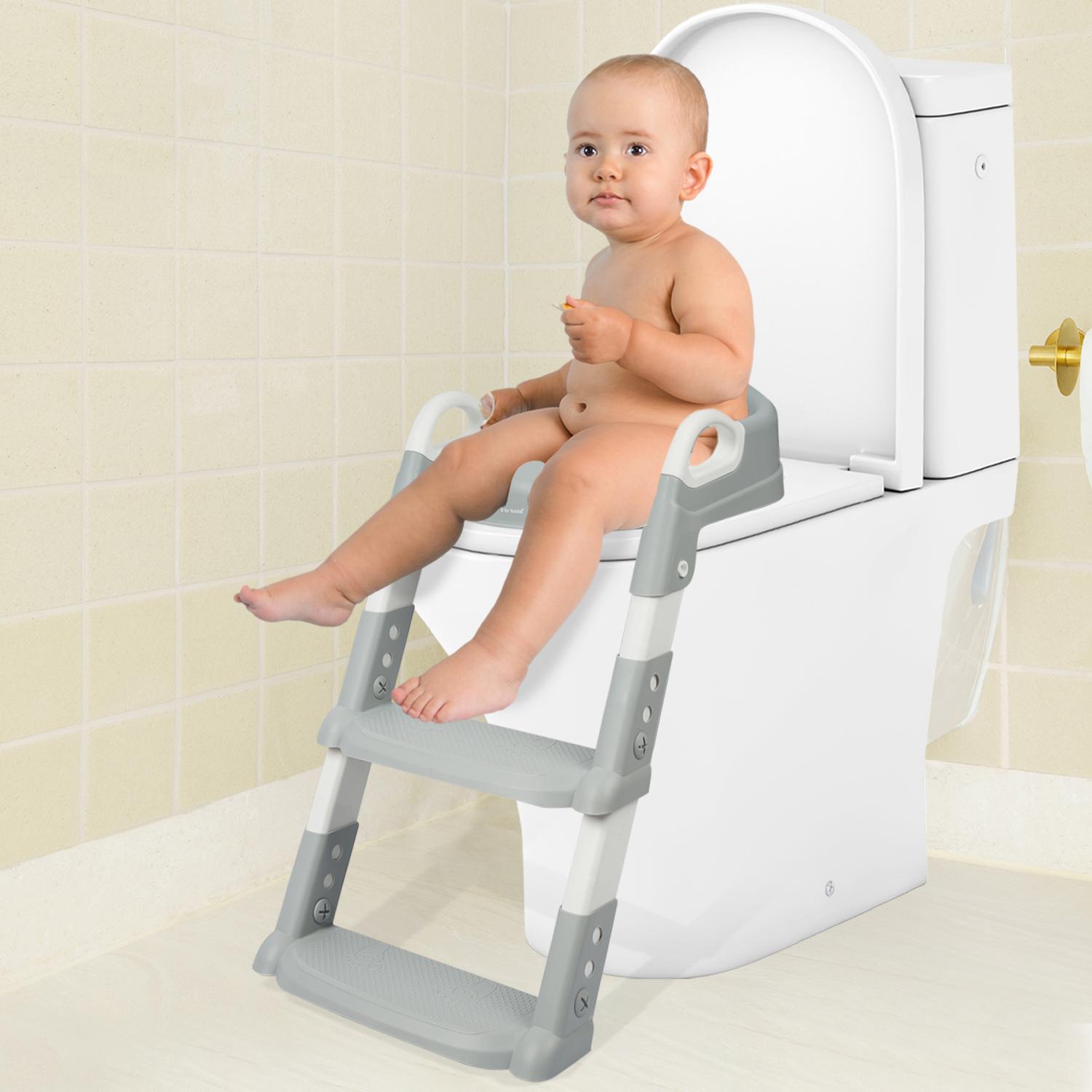 R for Rabbit Hilltop Step Stool Potty Trainer Seat Ladder Step Up Training Stool Non-Slip Steps Ladder Adjustable Foldable for Kids Baby 1 to 7 Years (Grey White)