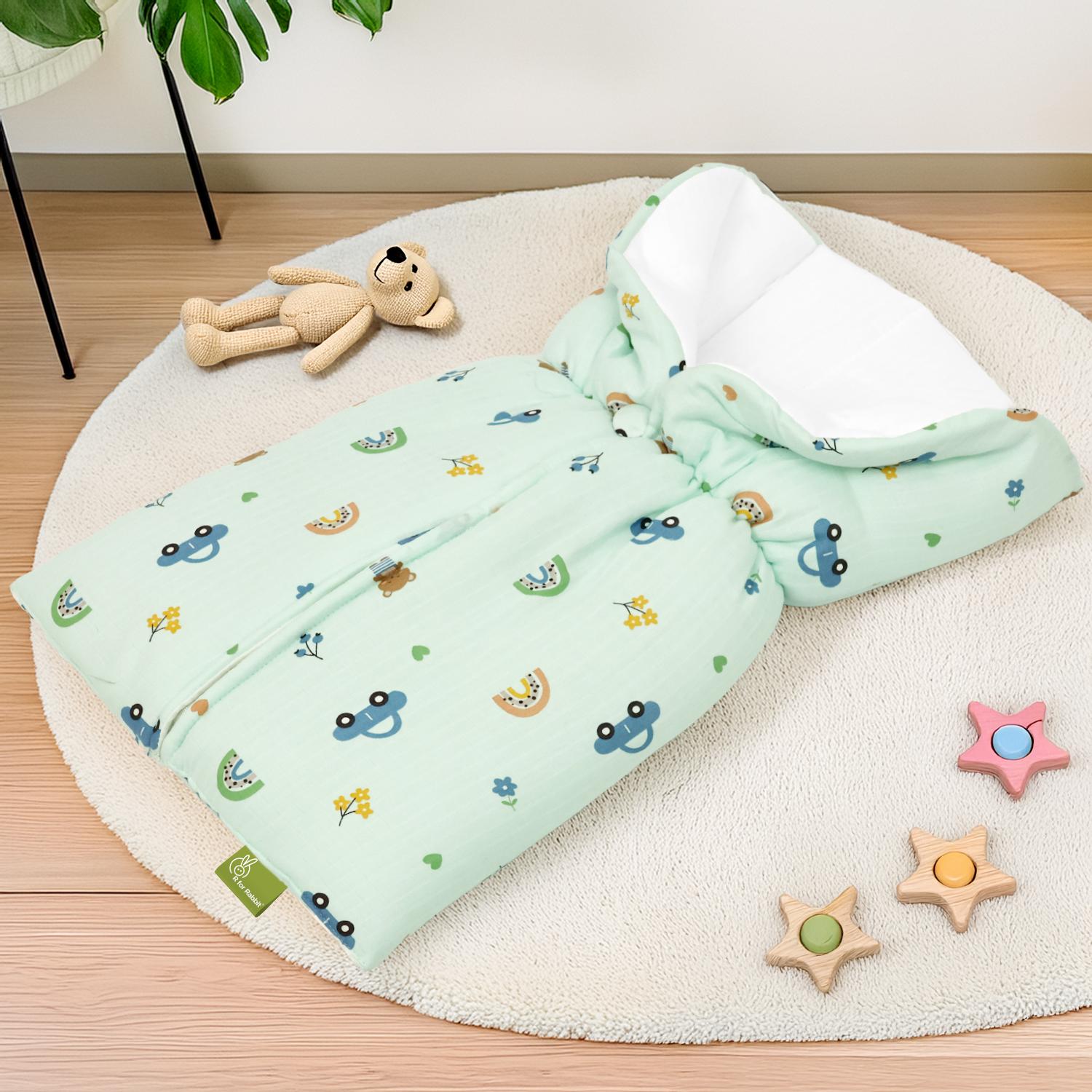 R for Rabbit Snuggy Bliss Baby Sleeping Bag Bedding Set | Premium 100% Muslin Cotton Carrying Nest for New Born Babies & Infant | Travel Friendly for 0-6 Months Baby Girl and Boy (Teddy Green)