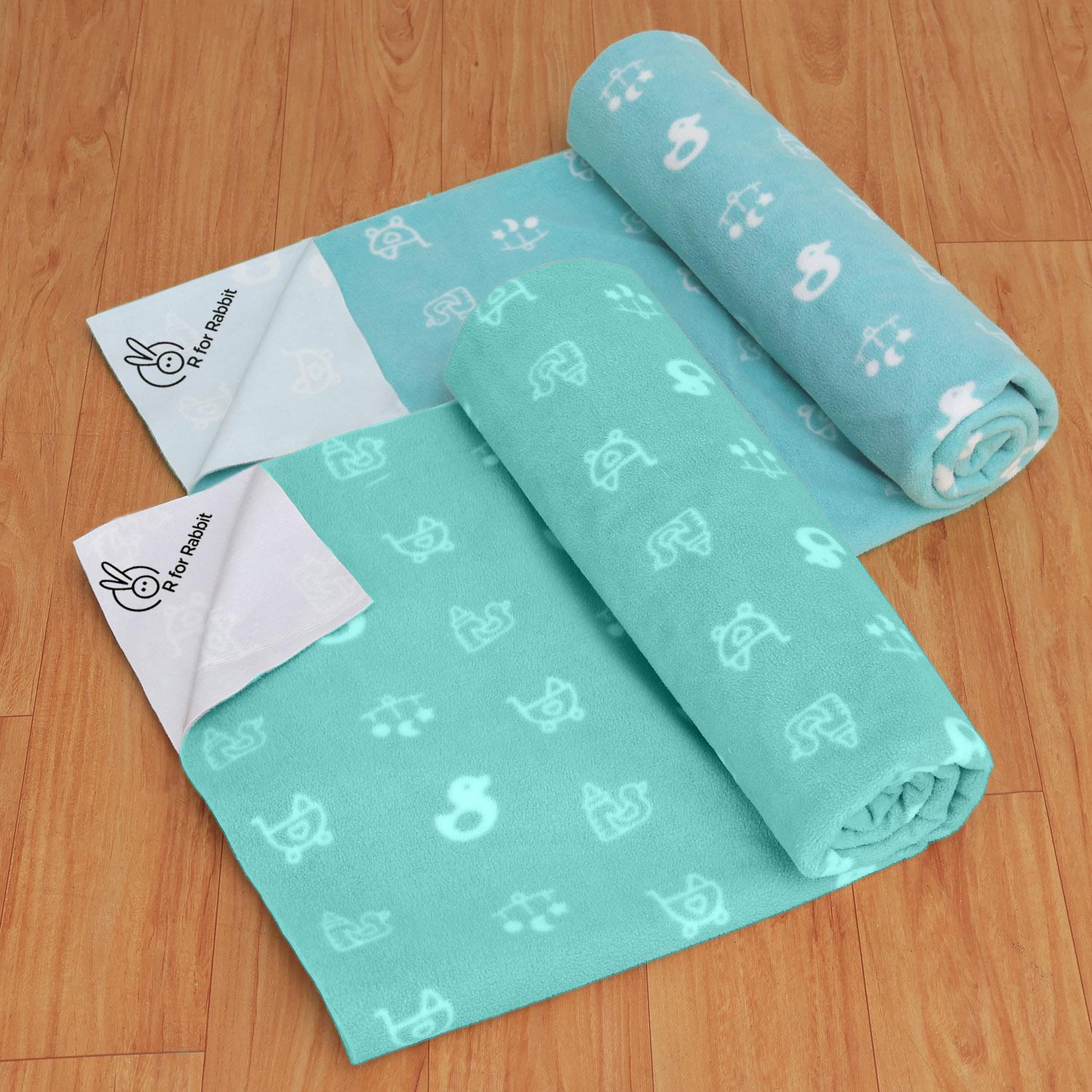 R for Rabbit Waterproof Quick Dry Sheet for Baby | Anti-Piling Fleece Breatheable Fabric Extra Absorbent Instant Dry Baby Bed/Cot Protector Mat (Size-S,Green-Blue,Pack of 2 Combo)