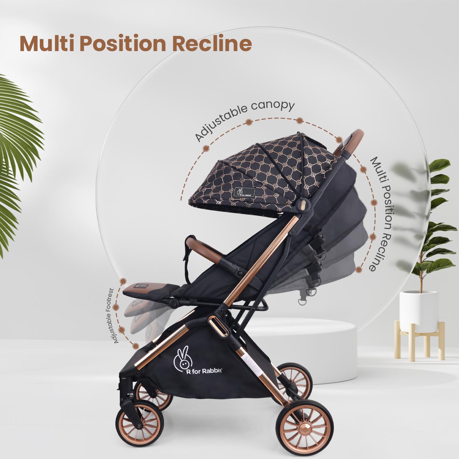 R for Rabbit Street Smart Auto Fold Stylish Newborn Baby Stroller| Aluminum Frame Pram with One Click Fold |Travel Friendly Trolley Stroller for 0-3 Years for Boy & Girl | (Gold Black)