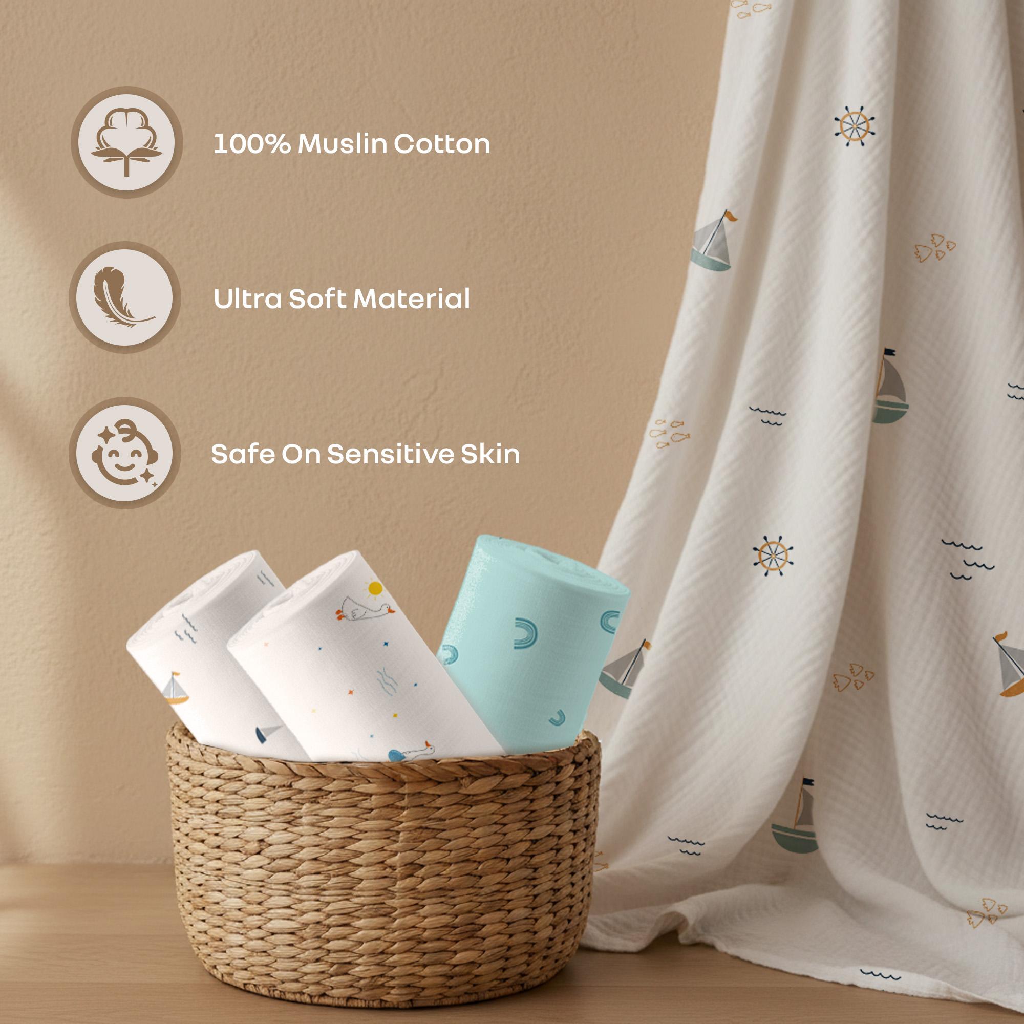 R for Rabbit Cuddlez Swaddle for New Born Baby 100% Cotton Muslin Multipurpose Baby Wrap Towel Blanket Lightweight, Breathable & Skin-Friendly Soft Swaddles Set 105x100 cm Multicolor Aqua(Pack of 3)