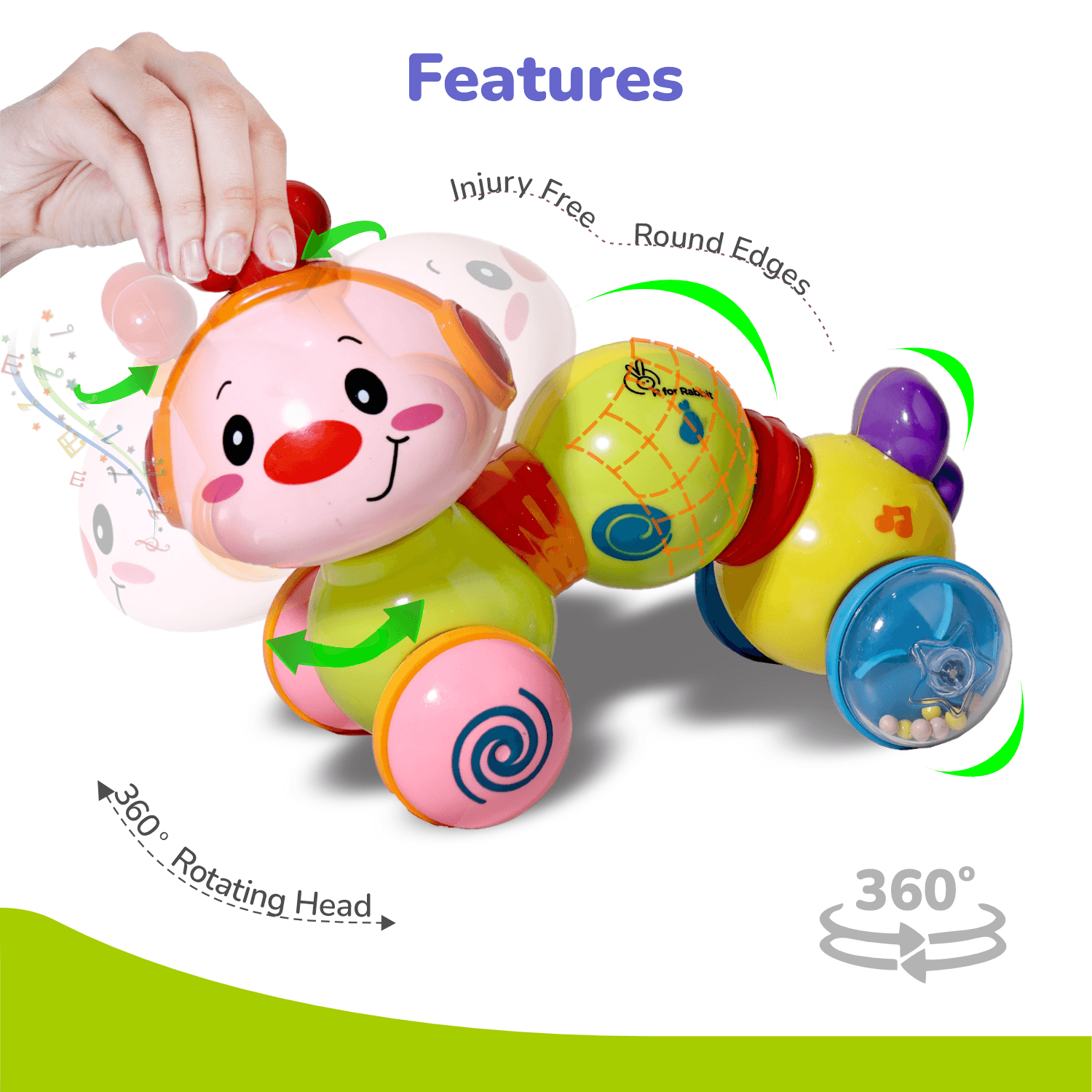 R for Rabbit Orapple Wiggle Push and Play Cute Rotating Head Mini Crawling Caterpillar Toy for 1+ Year Kids with Music & Light | Non-Toxic BPA Free Baby Skills Development Musical Toys (Yellow Multi)