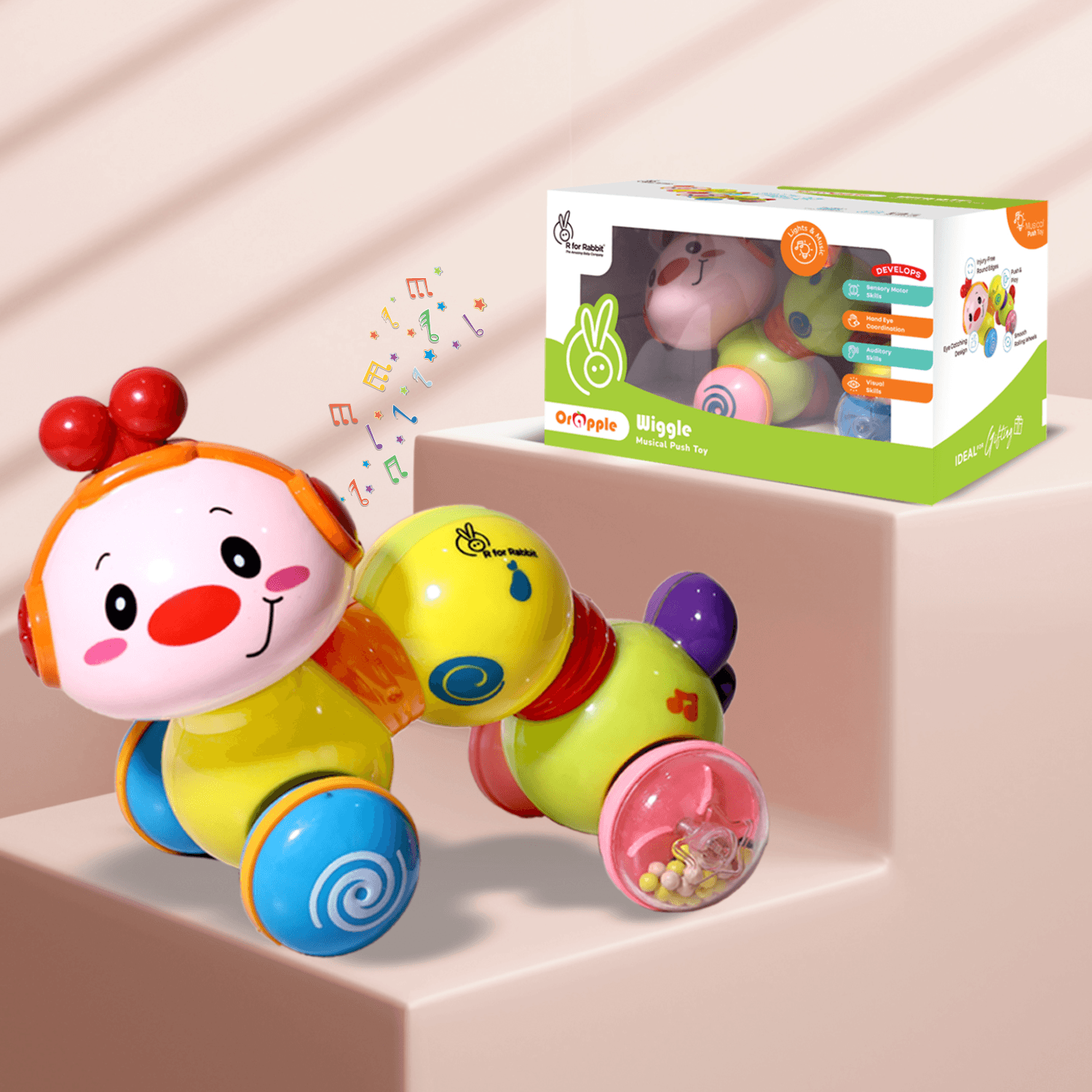 R for Rabbit Orapple Wiggle Push and Play Cute Rotating Head Mini Crawling Caterpillar Toy for 1+ Year Kids with Music & Light | Non-Toxic BPA Free Baby Skills Development Musical Toys (Green Multi)