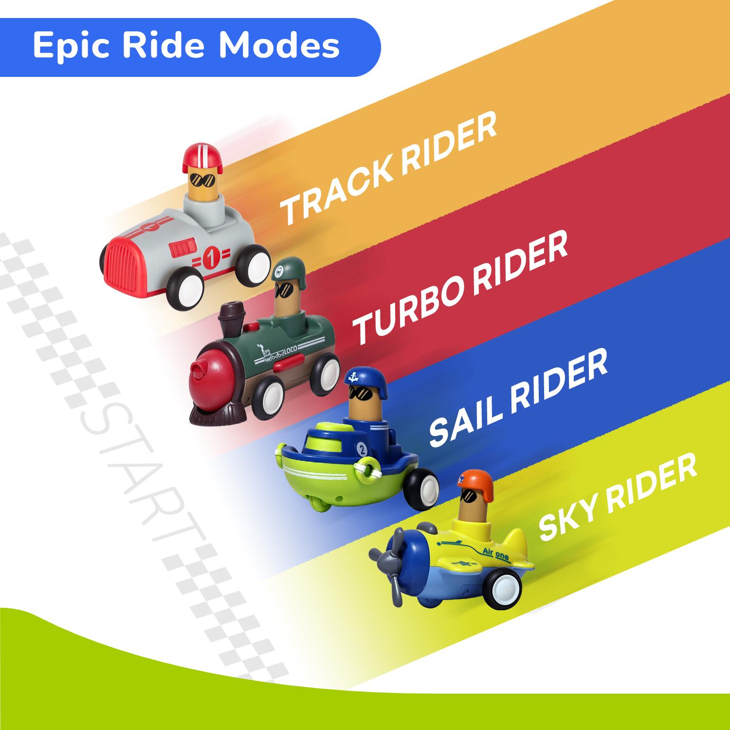 R for Rabbit Orapple Rider Push and Play Mini Toy Car Set for Kids | Non-Toxic BPA Free 4 Pcs Combo of Toy Racing Car, Train, Aero Plane & Speed Boat (Multi 2)