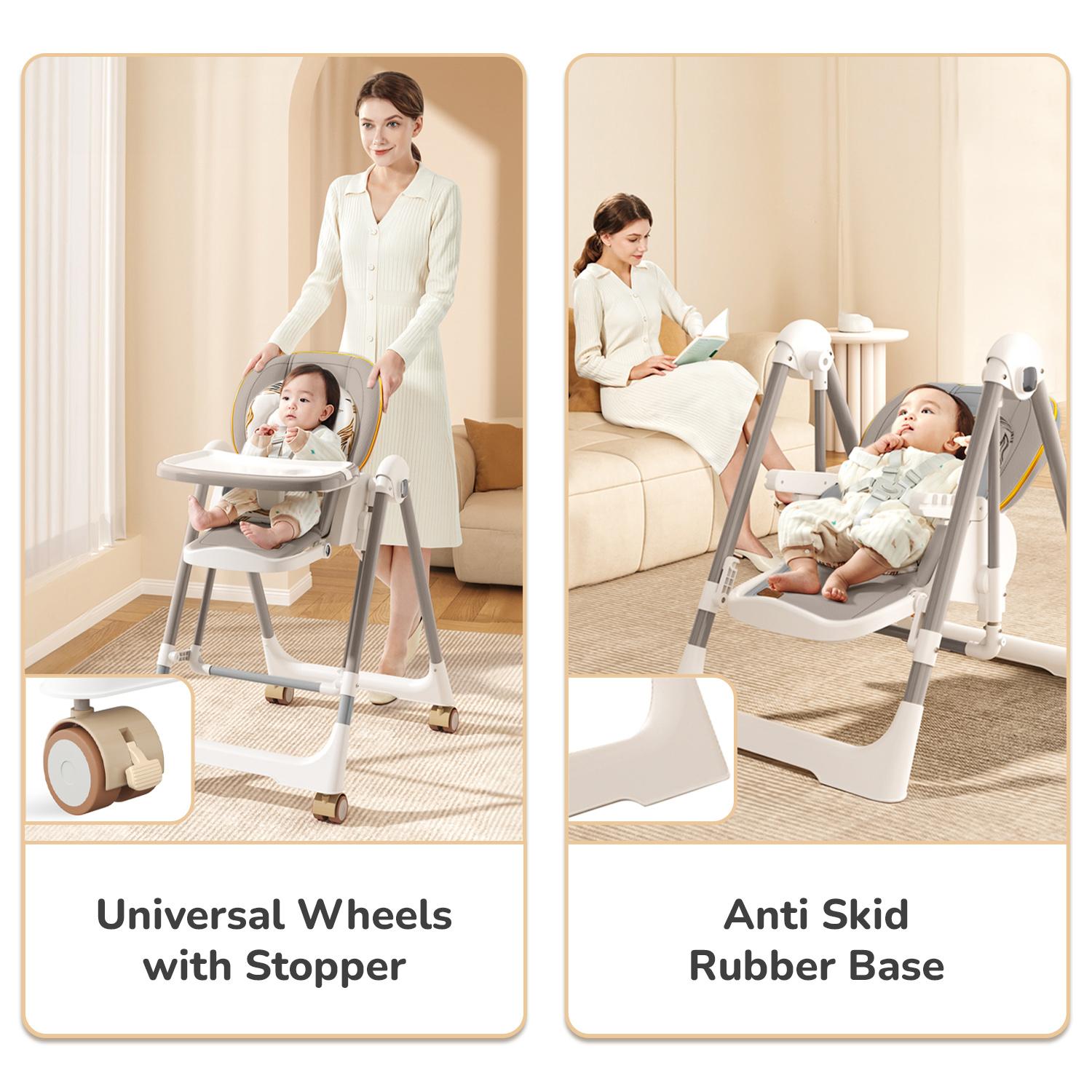 R for Rabbit Marshmallow Smart 2-in-1 High Chair with Swing for Baby, Adjustable Height, Dual Tray, Reclinable Backrest & Footrest Feeding Chair for 6 Months to 5 Years Kids |(Abstract Grey)
