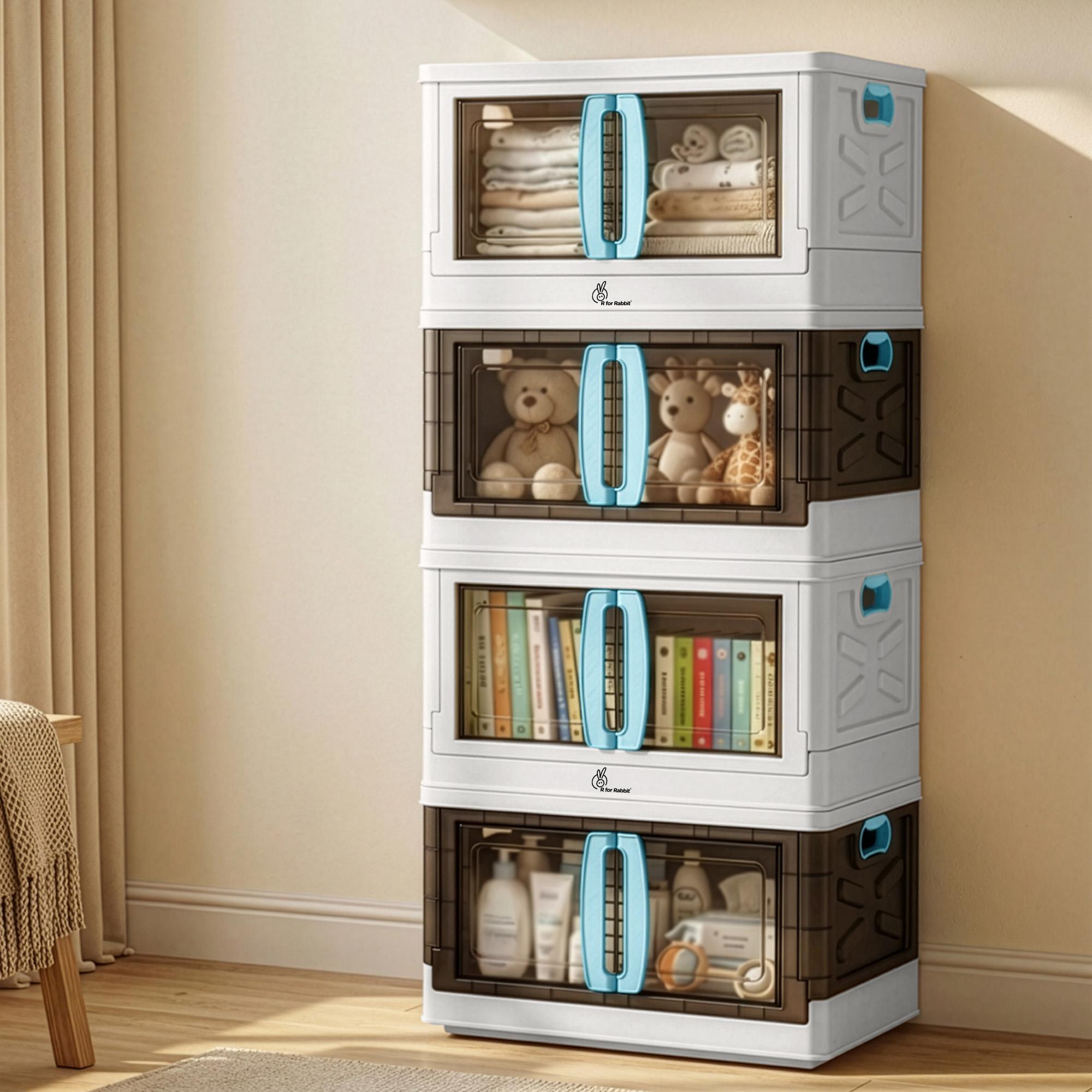 R for Rabbit Kiddo Korner Pod Kids Organizer Storage Box | 20L Modular Stackable Wardrobe with Wheels | Space-Saver Cabinet Bins with Door | Easy Plug N Play Installation (Set of 4, White Blue)