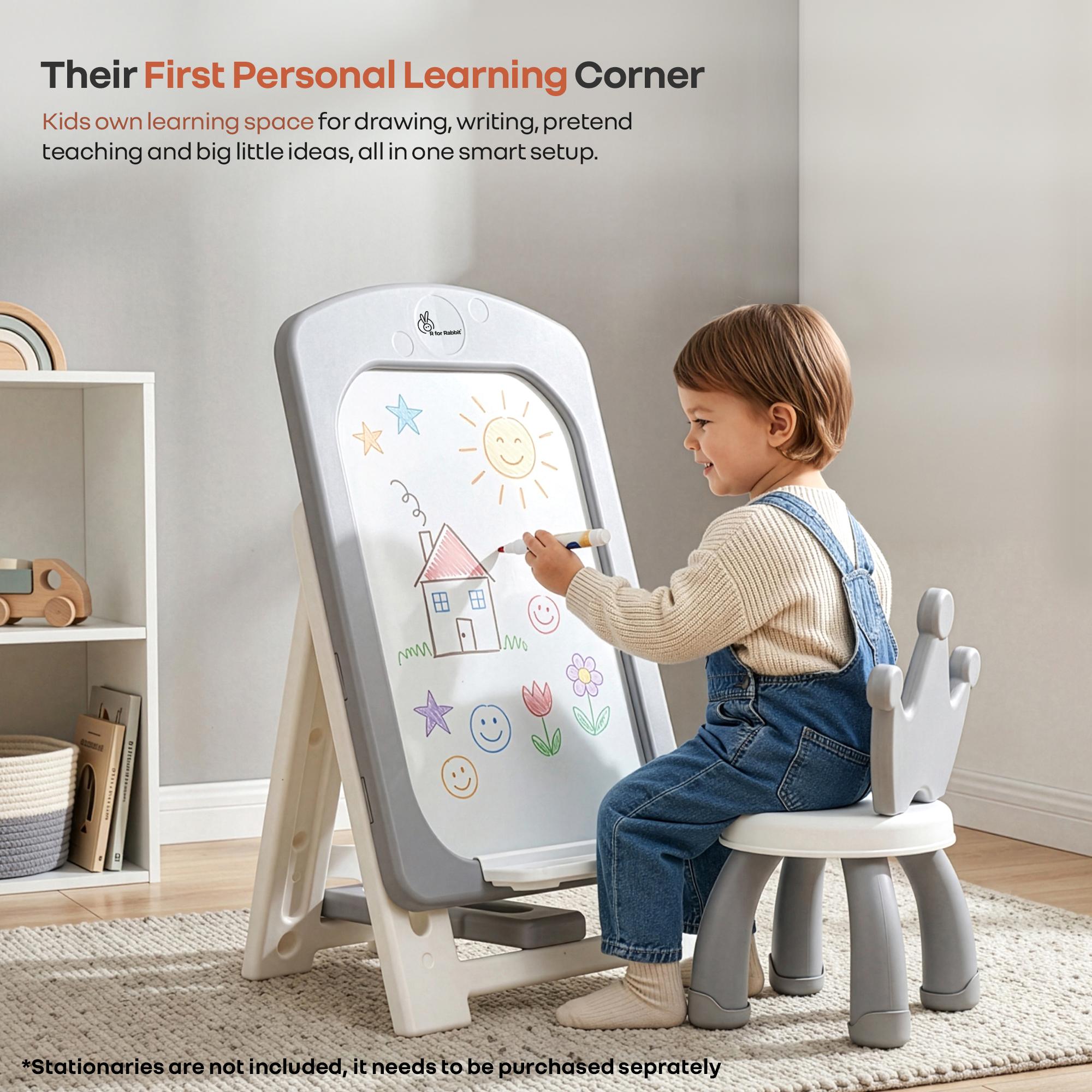 R for Rabbit Little Genius Doodle Duo for Kids Whiteboard with Chair Set | 7-Level Adjustable Height Study Table for 3-7 Years | Foldable & Space Saving | Desk for Learning & Drawing (Grey White)