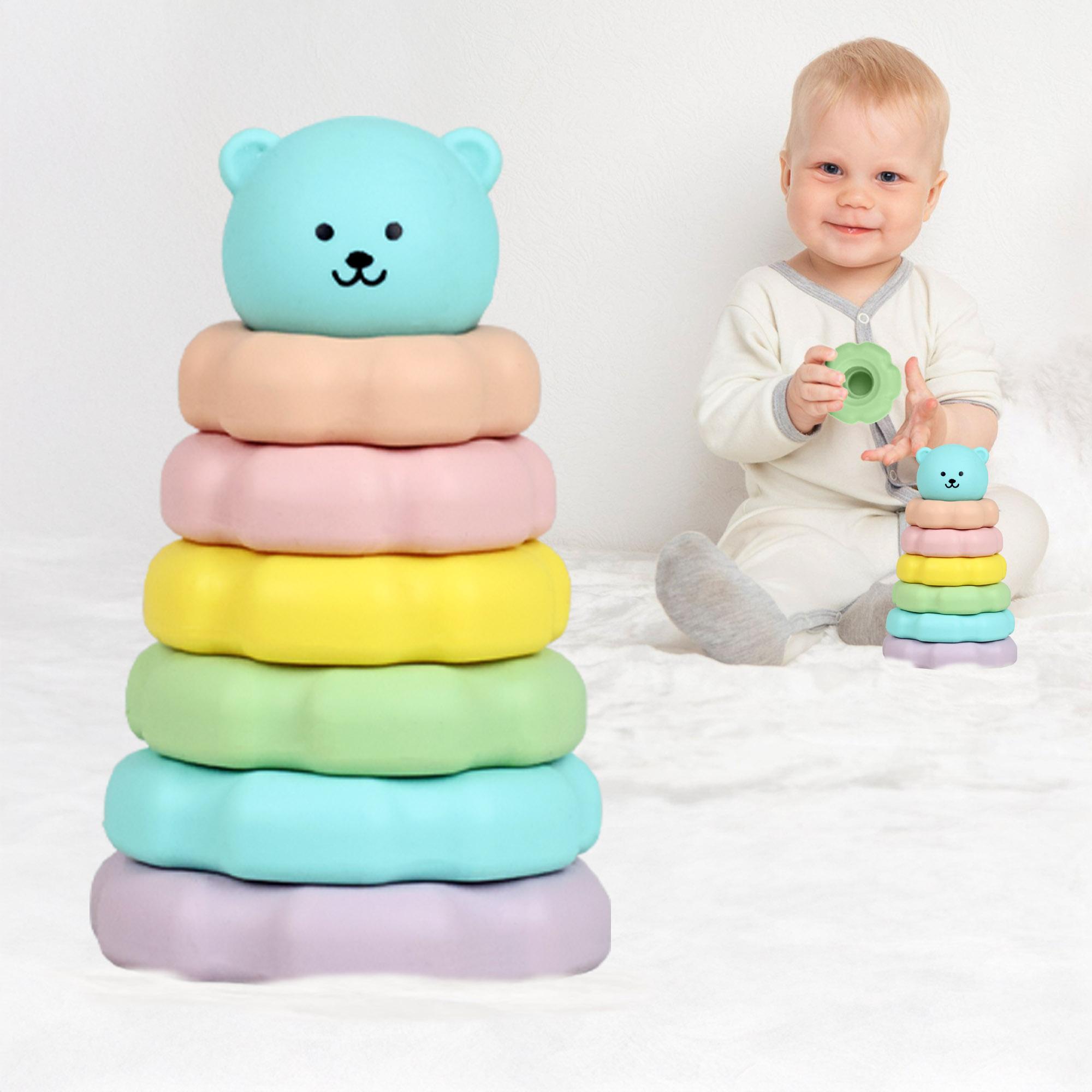 R for Rabbit Orapple Teddy Stacker Stacking Rings Toy Sorting Tower Game Smooth Rounded Edges BPA Free Educational Interactive Learning Toys for Kids Baby Girls Boys (Blue Teddy)