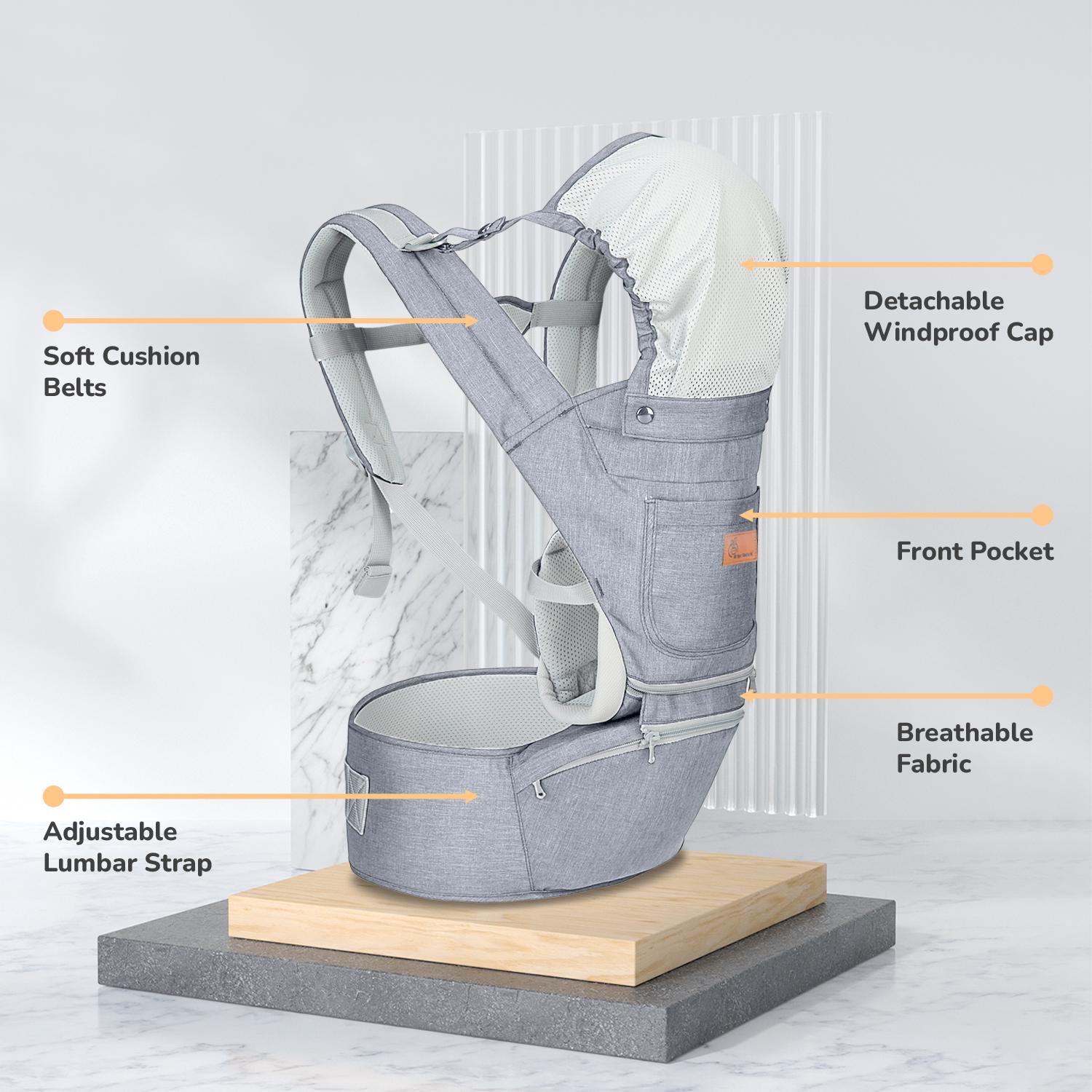 R for Rabbit Upsy Daisy Ergo Baby Carrier for New Born | 8 in 1 Hip Seat Front and Back Carry Position Adjustable Straps Kangaroo Bags for 4 to 36 Months Kids Upto 15 Kg (Light Grey)
