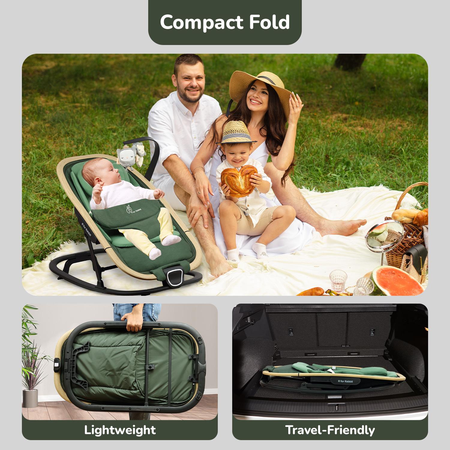 R for Rabbit Rock N Nap Bliss Baby Rocker & Bouncer 2-in-1 | Lightweight & Travel-Friendly One-Hand Multi-Recline Kids Rocking Chair| Soft Cushion for 0-12 Months Babies Weight upto 12 Kg(Olive Green)