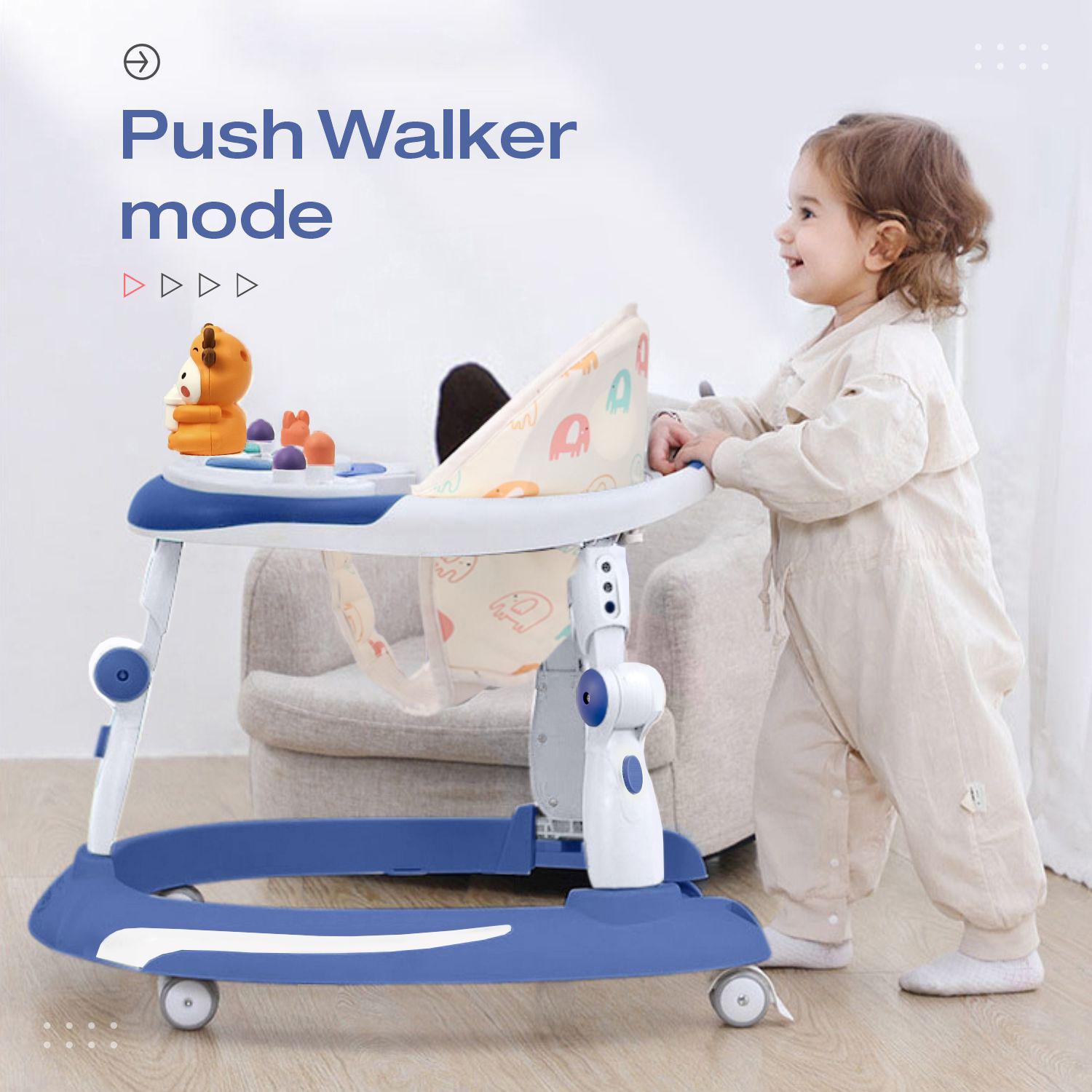 R for Rabbit Little Feet Plus Baby Walker with Rocker 3 Level Height Adjustment and 4 Level Seat Adjustment for Baby Age 9-18 Months Up to 15 KG Weight with Recreational Toy Bar (Blue White)