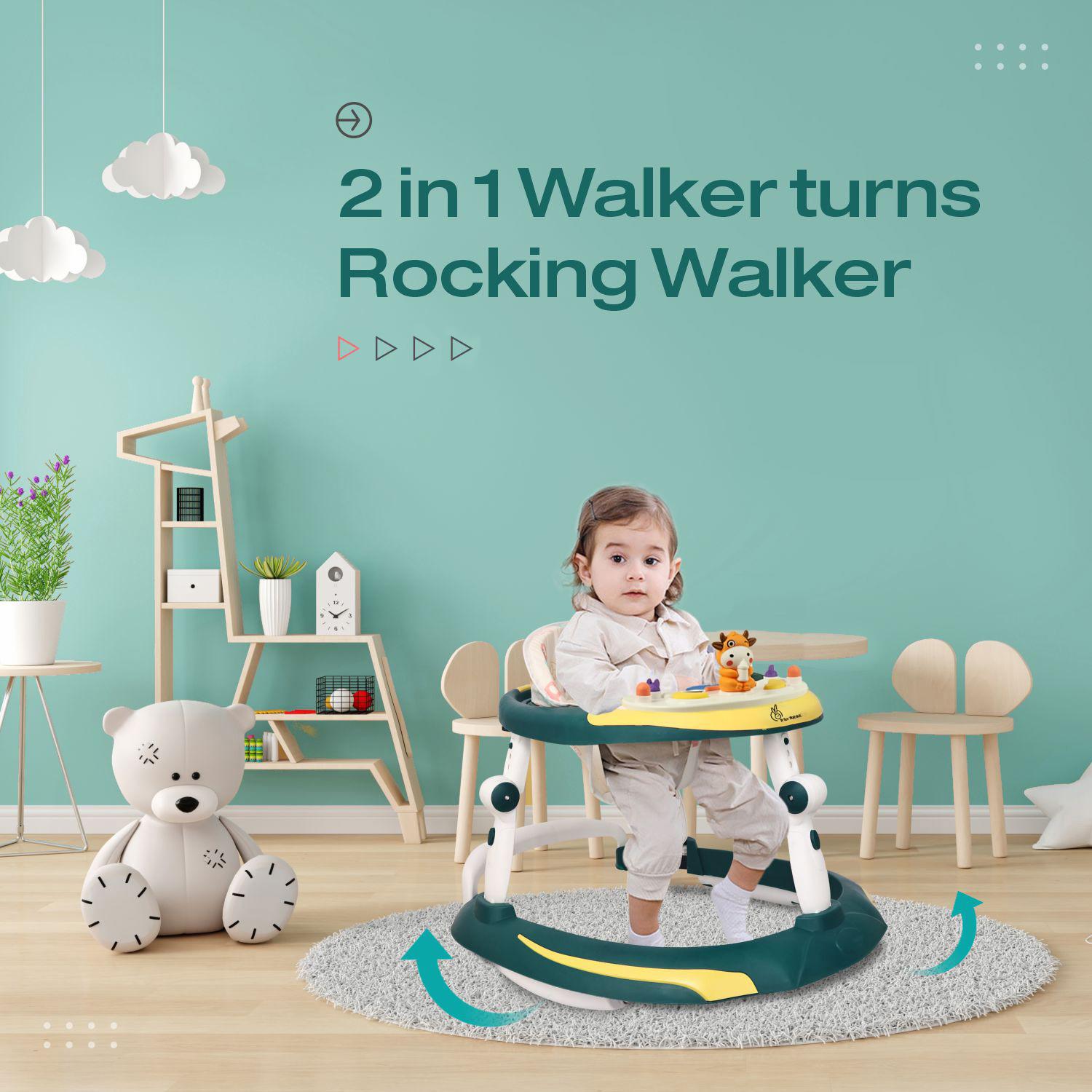 R for Rabbit Little Feet Plus Baby Walker with Rocker 3 Level Height Adjustment and 4 Level Seat Adjustment for Baby Age 9-18 Months Up to 15 KG Weight with Recreational Toy Bar (Green Yellow)