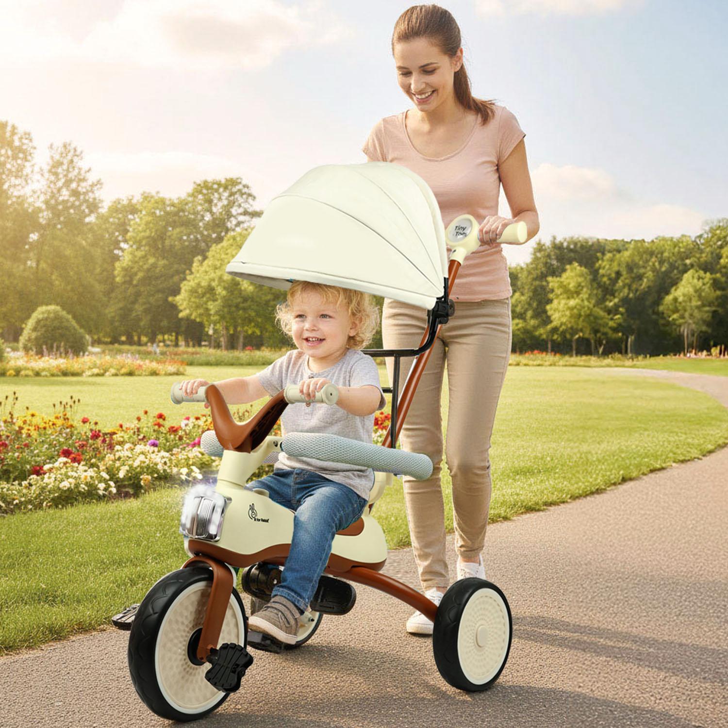 R for Rabbit Tiny Toes Karizma Tricycle for Kids with Light & Music, Parental Control, EVA Wheels, Foldable Footrest, Comfy Seat with Backrest, Baby Trike Cycle for 2-5 Years, Up to 25kg (Cream Brown)