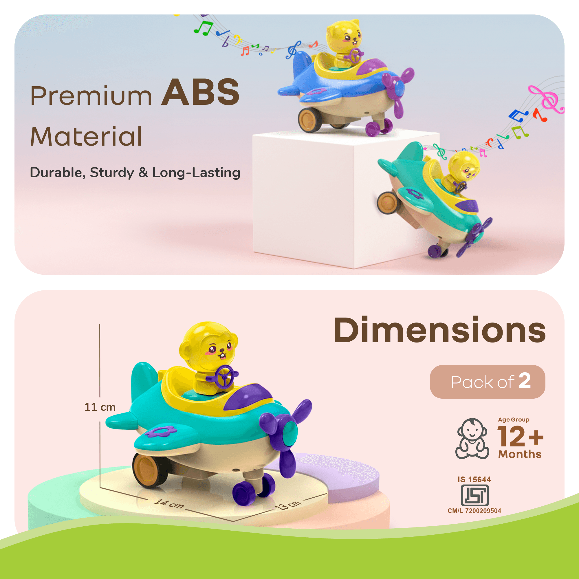 R for Rabbit Orapple Aero Rider Push and Play Mini Toy Airplane Set for Kids with Lights and Music | BPA Free Baby-Safe Rounded Edge Design 2 Pcs Combo of Press & Go Aircraft for 12 Months+ (Multi 1)