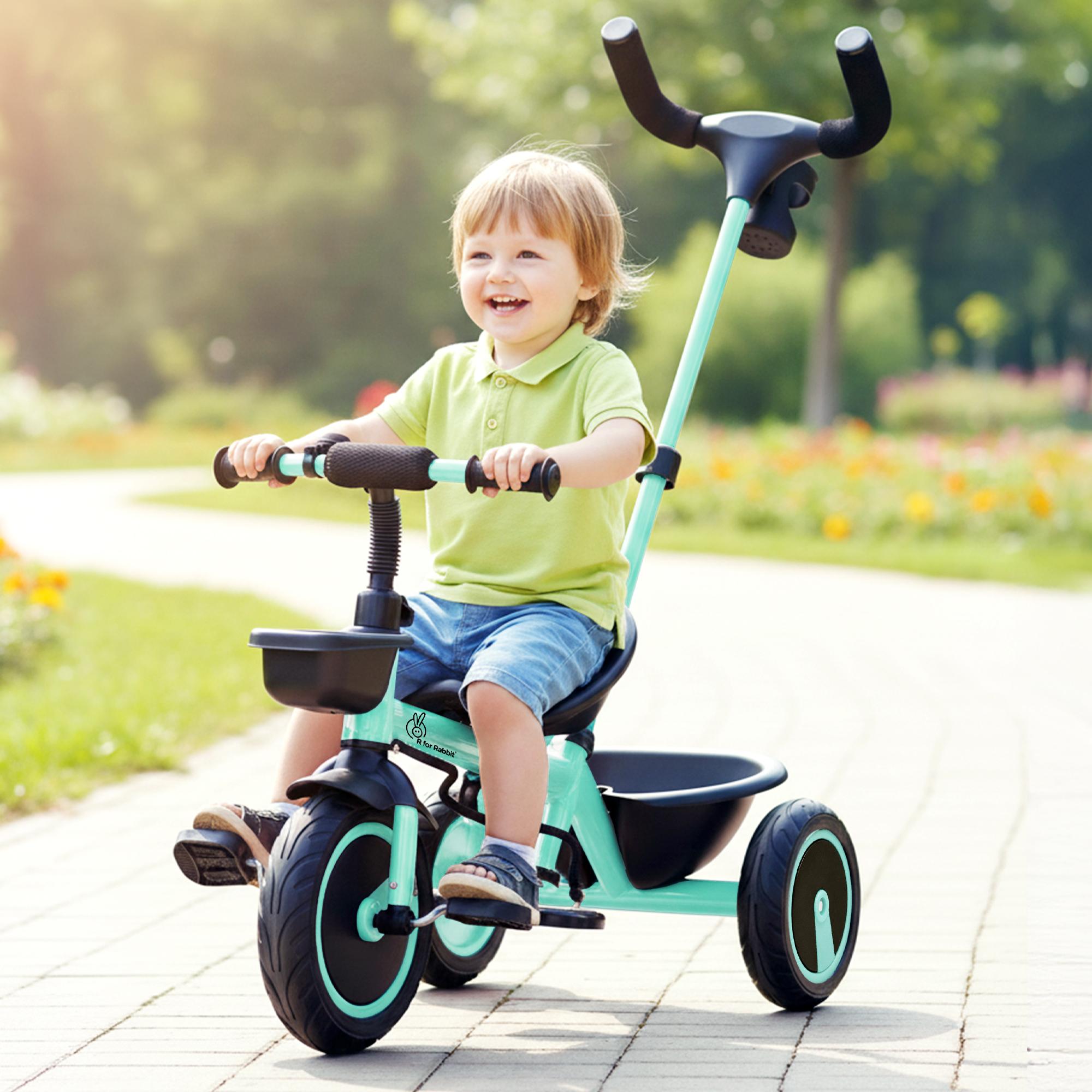 R for Rabbit Tiny Toes R20 Plus Tricycle for Kids with Rubber Wheels, Adjustable Parental Control, Front & Rear Storage Basket | Baby Trike Cycle for 2 to 5 Year, Upto 25 Kgs Boy & Girl (Aqua Blue)
