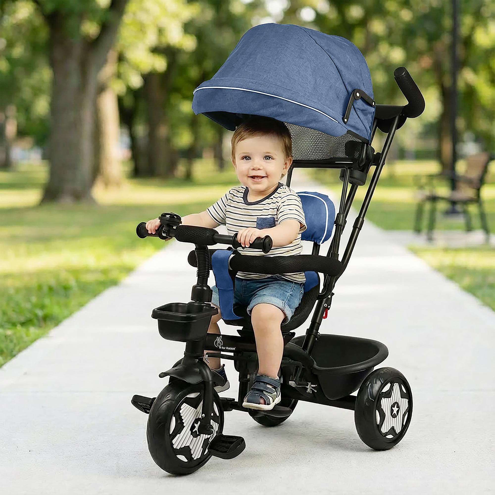 R for Rabbit Tiny Toes R40 Ace Tricycle for Kids with Parental Control, EVA Wheels, Bell, Adjustable Canopy & Storage Basket | 360° Reversible Seat | Baby Trike for 2-5 Year | Upto 25Kg (Denim Blue)