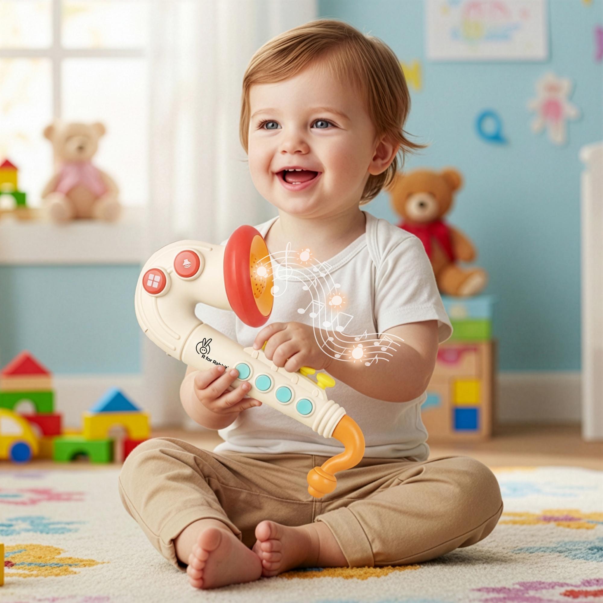 R for Rabbit Orapple Funtunes Musical Saxophone Toy for Kids | Light & Sound Music with 4 Play Modes | Early Learning Music Toy for Toddlers Ages 1+ | Ideal Gift for Boys & Girls (Beige Multi)