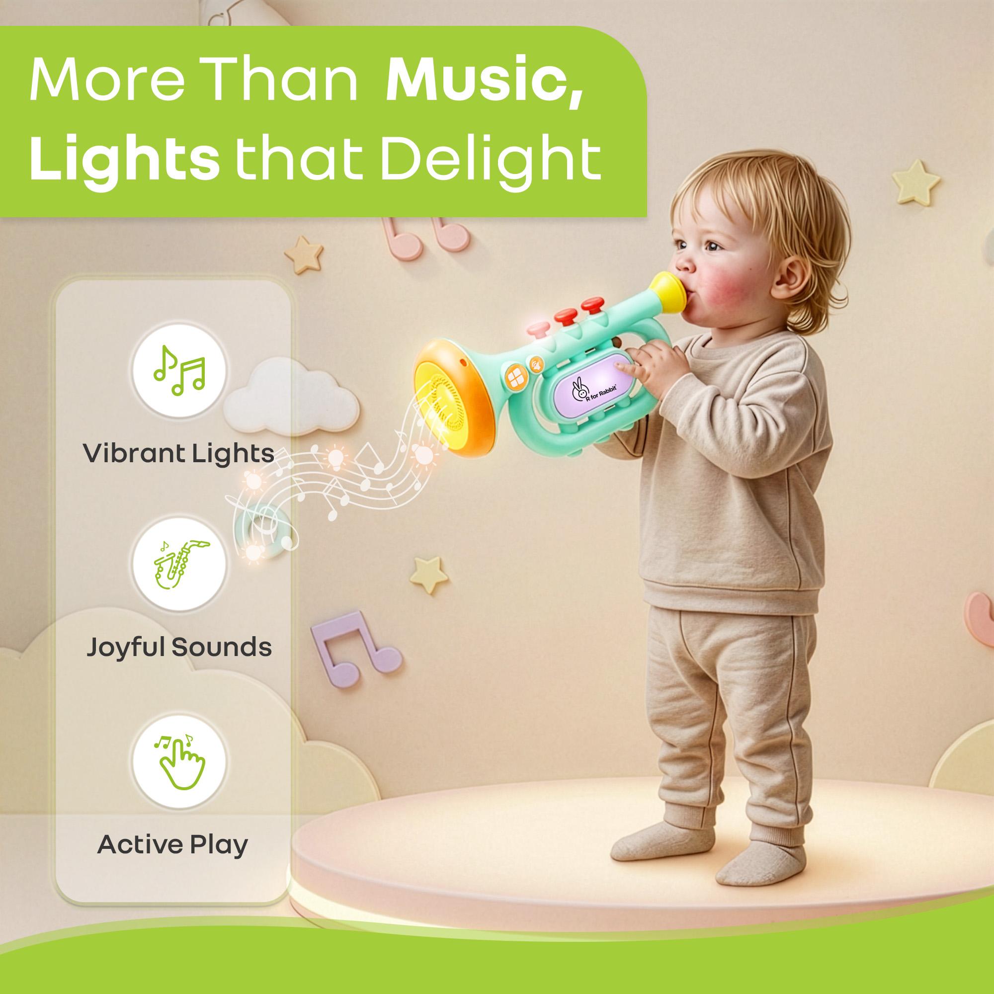 R for Rabbit Orapple Funtunes Trumpet Musical Toys for Kids | Light & Sound Music with Smart Auto Shut Off | 3 Play Modes | Early Learning Music Toy for Toddlers Ages 1+ Ideal for Kids (Blue Multi)