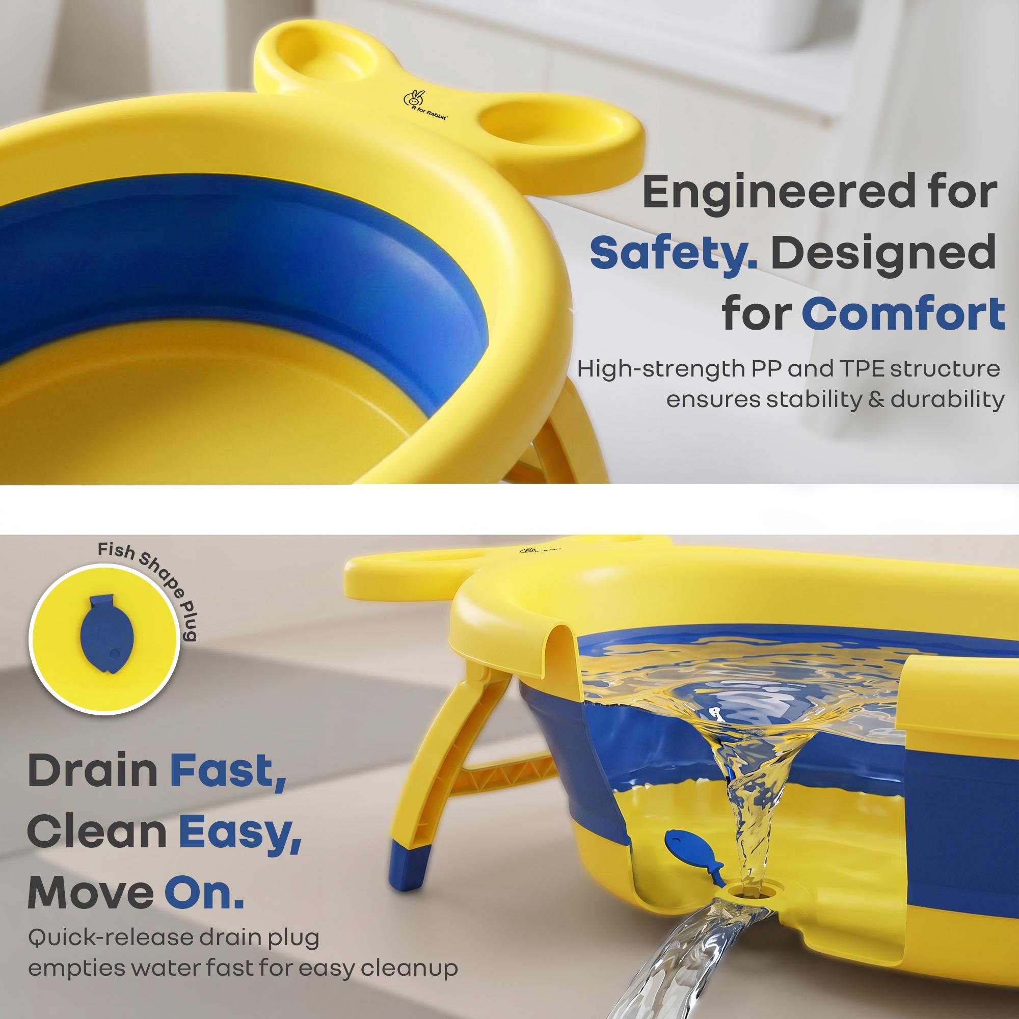 R for Rabbit Bubble Double Finzy Baby Bath Tub Foldable for Kids 9 Months-3 Years | Womb Cocoon Bathtub Design | Anti-Skid Base | Quick Drain Plug | Space Saving Pool Bather with Tray (Yellow Blue)