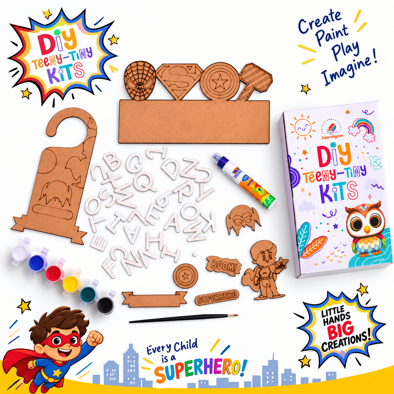 Ilearnngrow Teeny Tiny Superhero Theme Name Plate and Door Knob