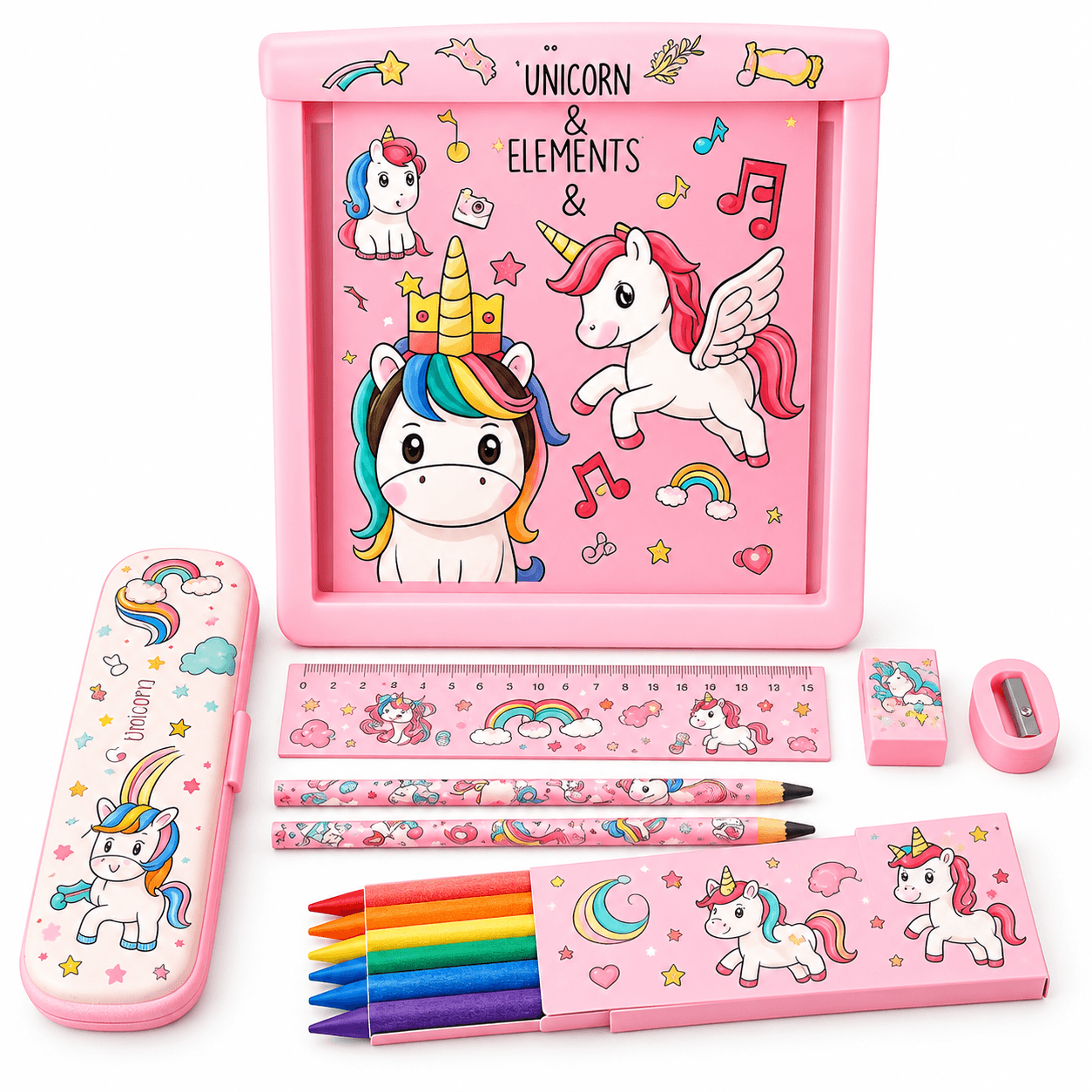 iLearnNGrow Unicorn Theme Stationery Rakhi Combo – Unicorn Pencil Box Set with Castle Rakhi for Kids