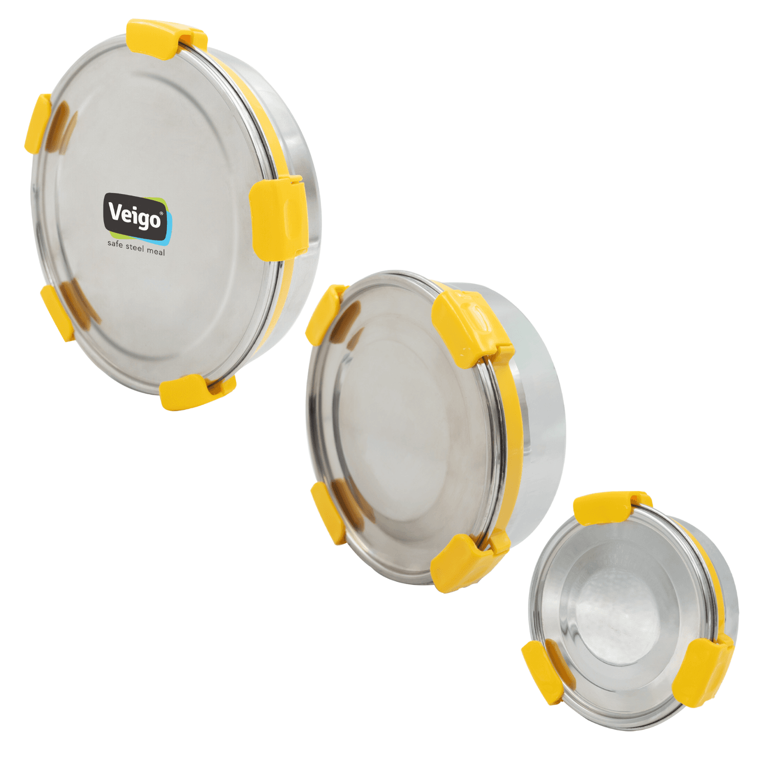 Veigo Maxosteel Round Stainless Steel Airtight & Leakproof Lunch Box with Silicon Ring & Lid Lock, Set of 3(325ML+700ML+950ML),ellow