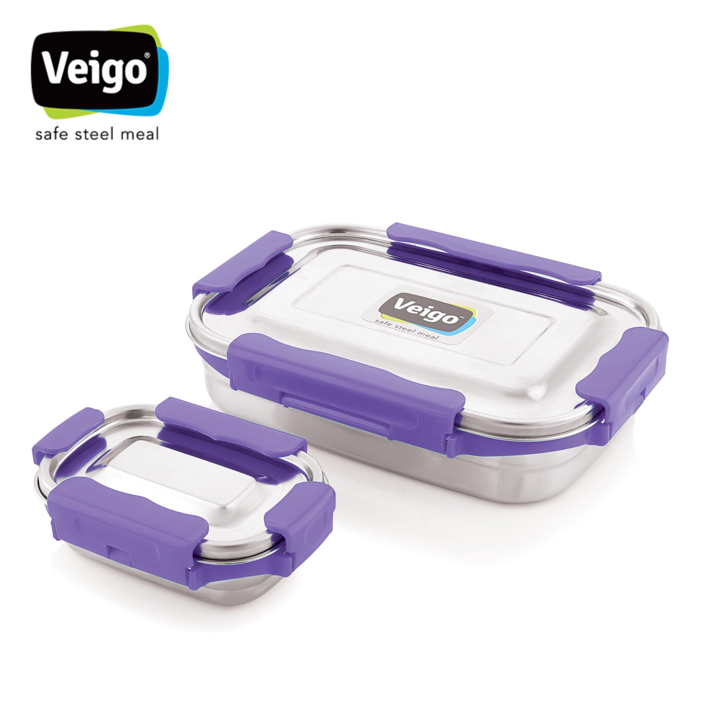 Veigo MaxoSteel Jumbo Combo- 1 Stainless Steel Lunch Box with Reverse clip mechanism & Small Veg Box Inside(950 ml + 200 ml) comes with Flat Insulated Pouch, Violet