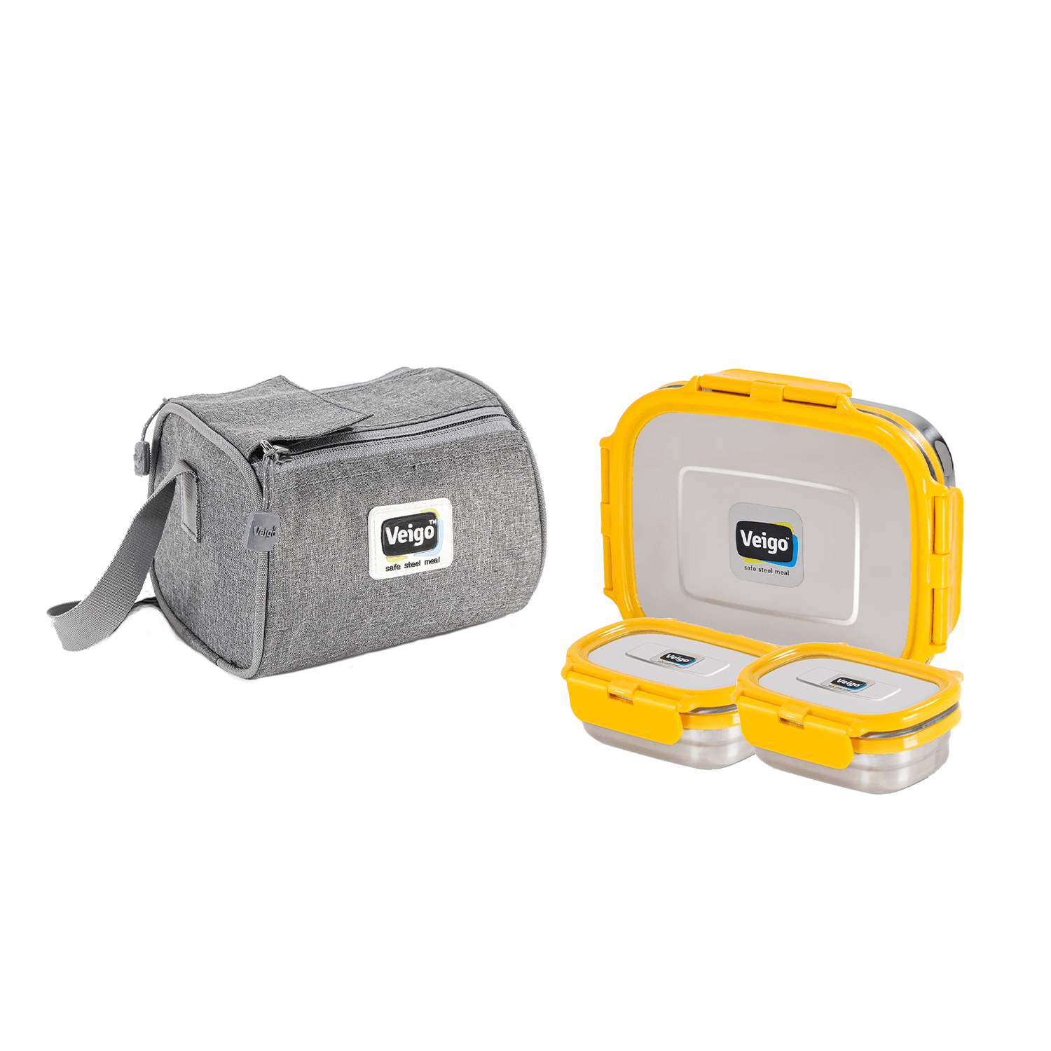 Veigo Daftar Combo- 1 Large Stainless Steel Leakproof Lunch Box with 2 Small Veg Box (630ml + 180ml +180ml) Comes with Insulated Lunch Bag, Suitable for Office,ellow