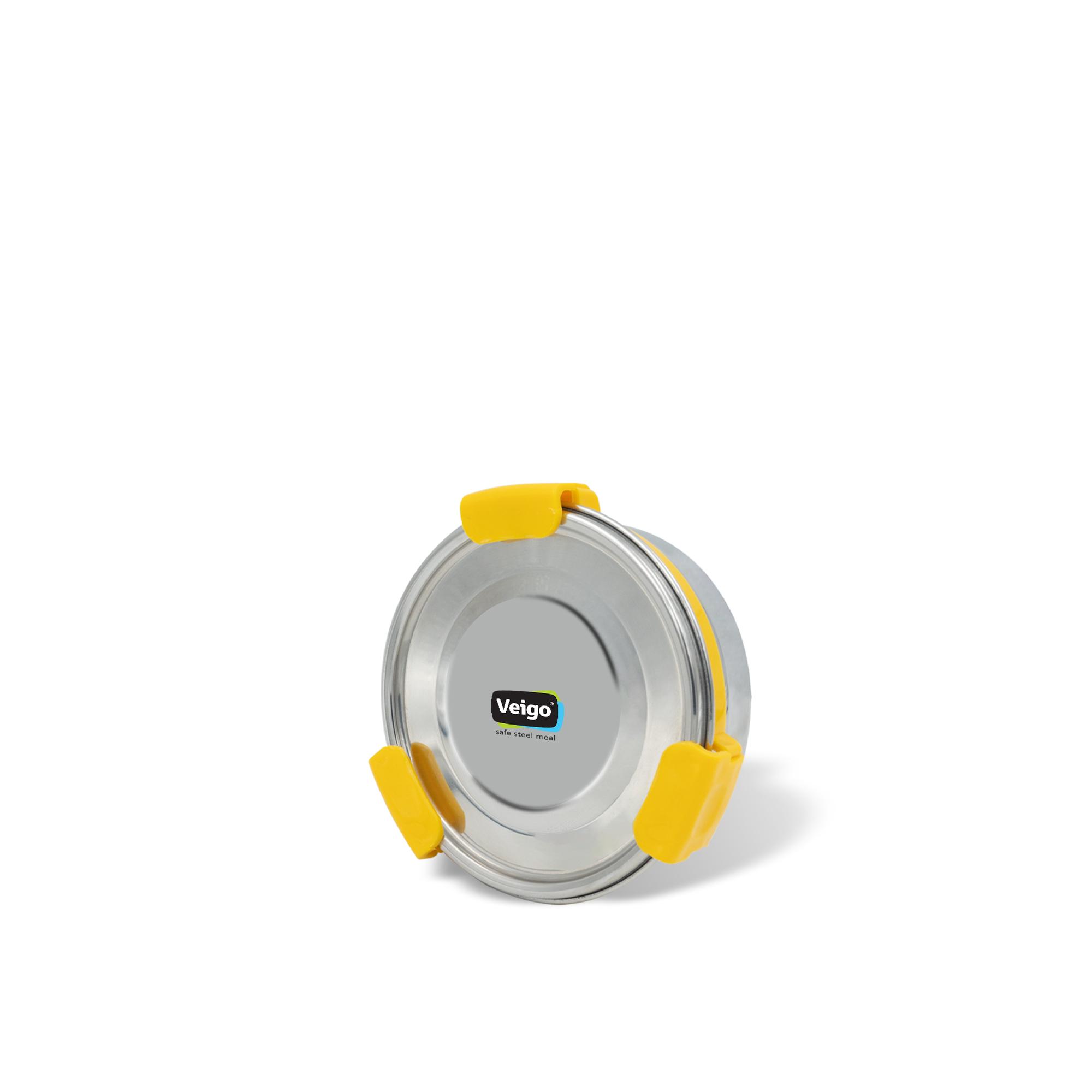 Veigo MaxoSteel Round Stainless Steel Airtight & Leakproof Lunch Box with Silicon Ring & Lid Lock, 325 Ml,ellow