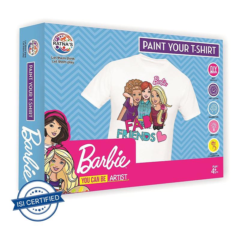 Ratnas Paint Your T-shirt With Barbie Design T-shirt For Girls. Free Size T Shirt For Girls(5-10) Years Washable & Reusable - Pink | Art & Craft Kit for Kids | DIY Creative Activity Set | Art & Craft