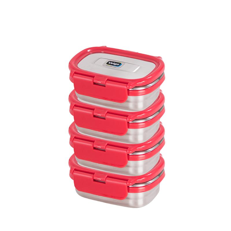Veigo Chutney & Condiment Storage Dabbi - Set of 4 Small Veg Stainless Steel Leakproof & Airtight Boxes, Red