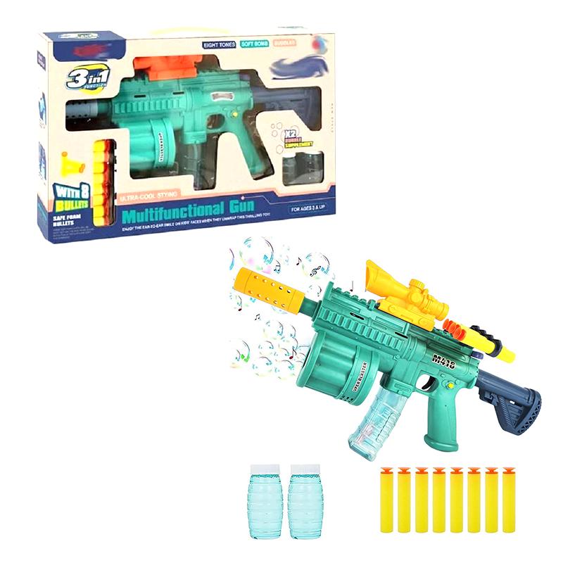 Multi Function 3 in 1 Gun Bullet with Bubble Maker 8 Foam Darts M416 Bubble Machine Gun Toy (Cyan)