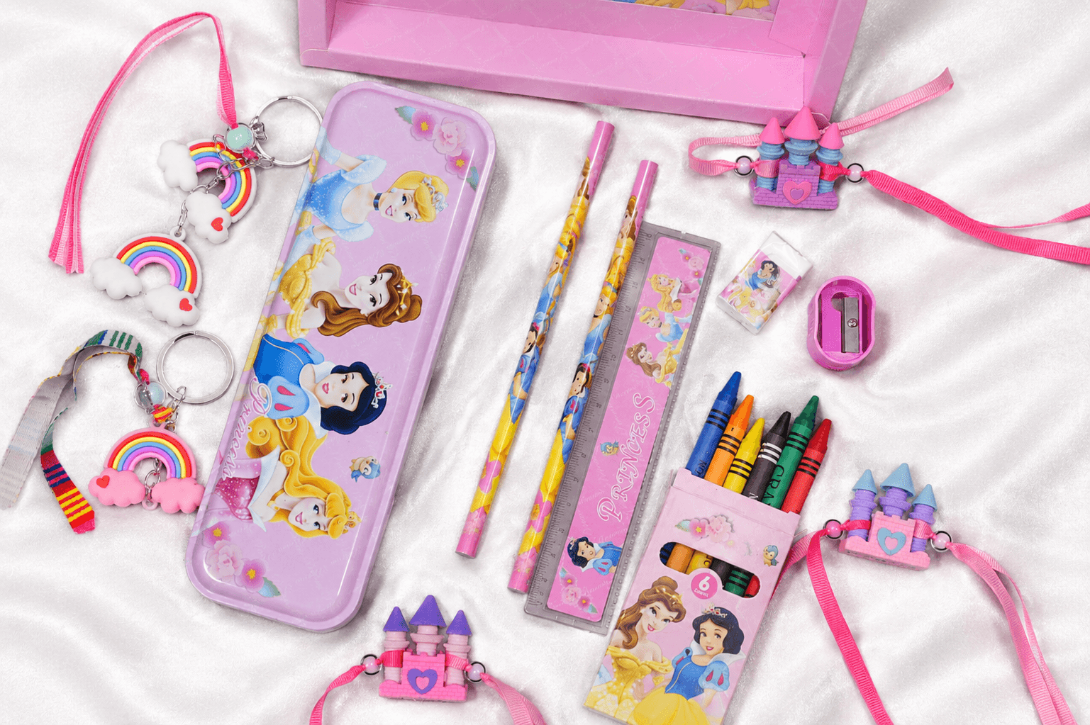 iLearnNGrow Princess Theme Stationery Rakhi Combo – Princess Pencil Box Set with Castle Rakhi for Kids