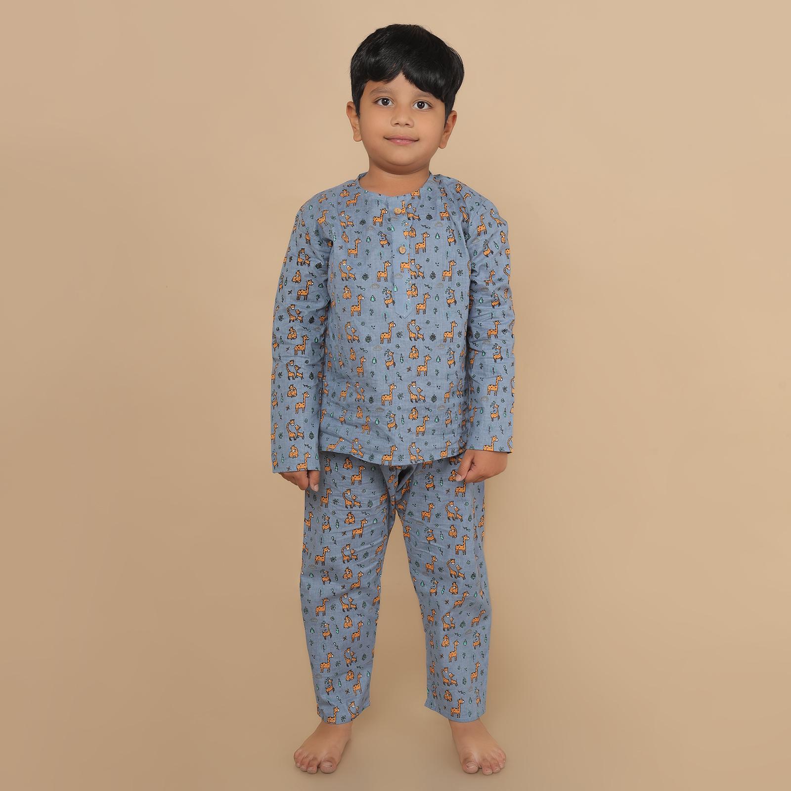 Kids Cotton Giraffe Print Nightsuit | Kurta & Pants Co-ord Set | Full Sleeves | Unisex Nightwear & Loungewear – Grey | BREATHABLES